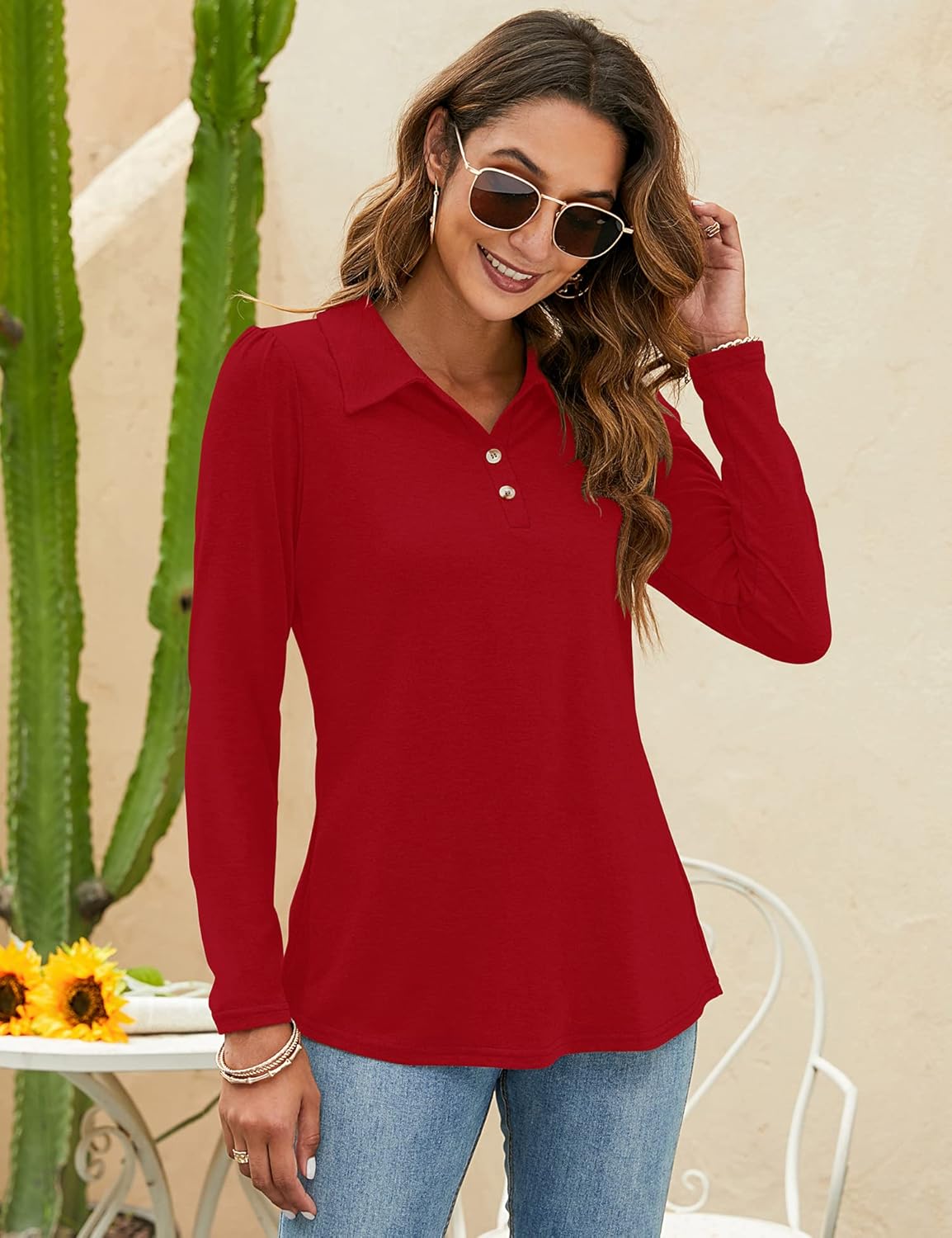 LOMON Womens Polo Shirts Button Down Collared Long Sleeve Tops V Neck Loose Blouses - Image 4
