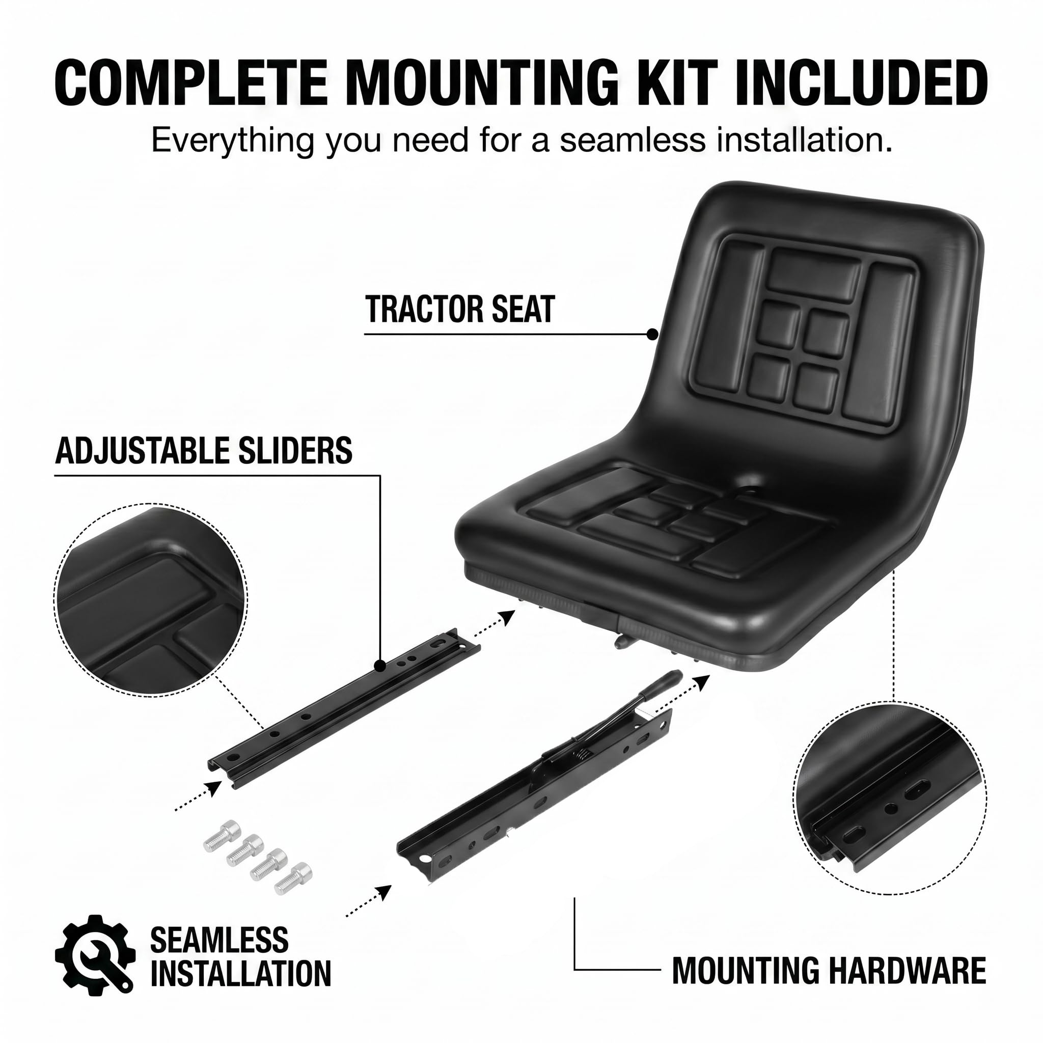 Sedile per trattore, capacità di carico 100 kg, sedile per tosaerba con foro di scarico incluso, sedile universale regolabile avanti/indietro, sedile ergonomico per trattori, tosaerba