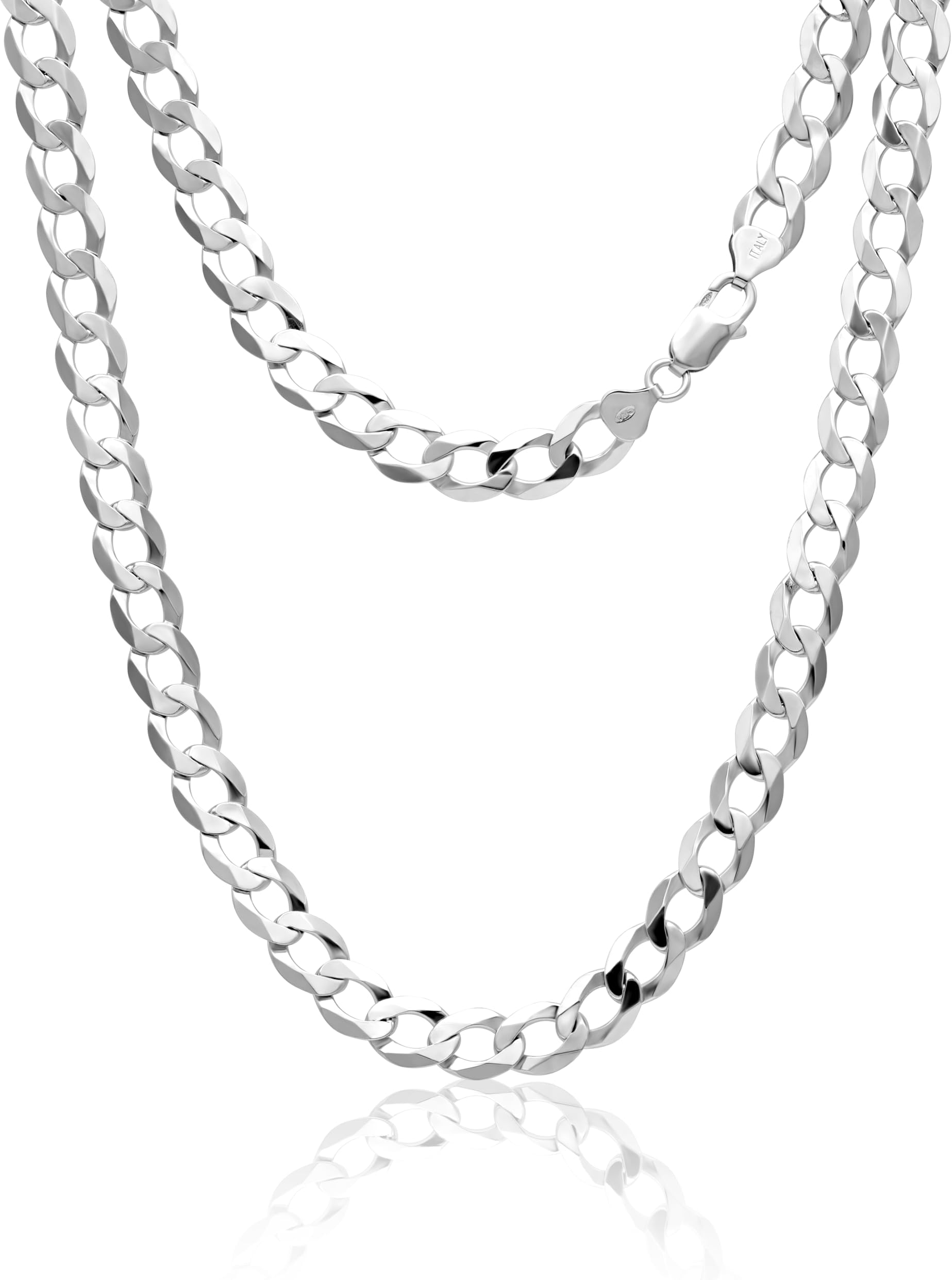 Aka Gioielli® - Italian 9mm Curb Men 925 Sterling Silver Rhodium Flat Cuban Chain Necklace - 20" 22" 24" 26" 30" inch