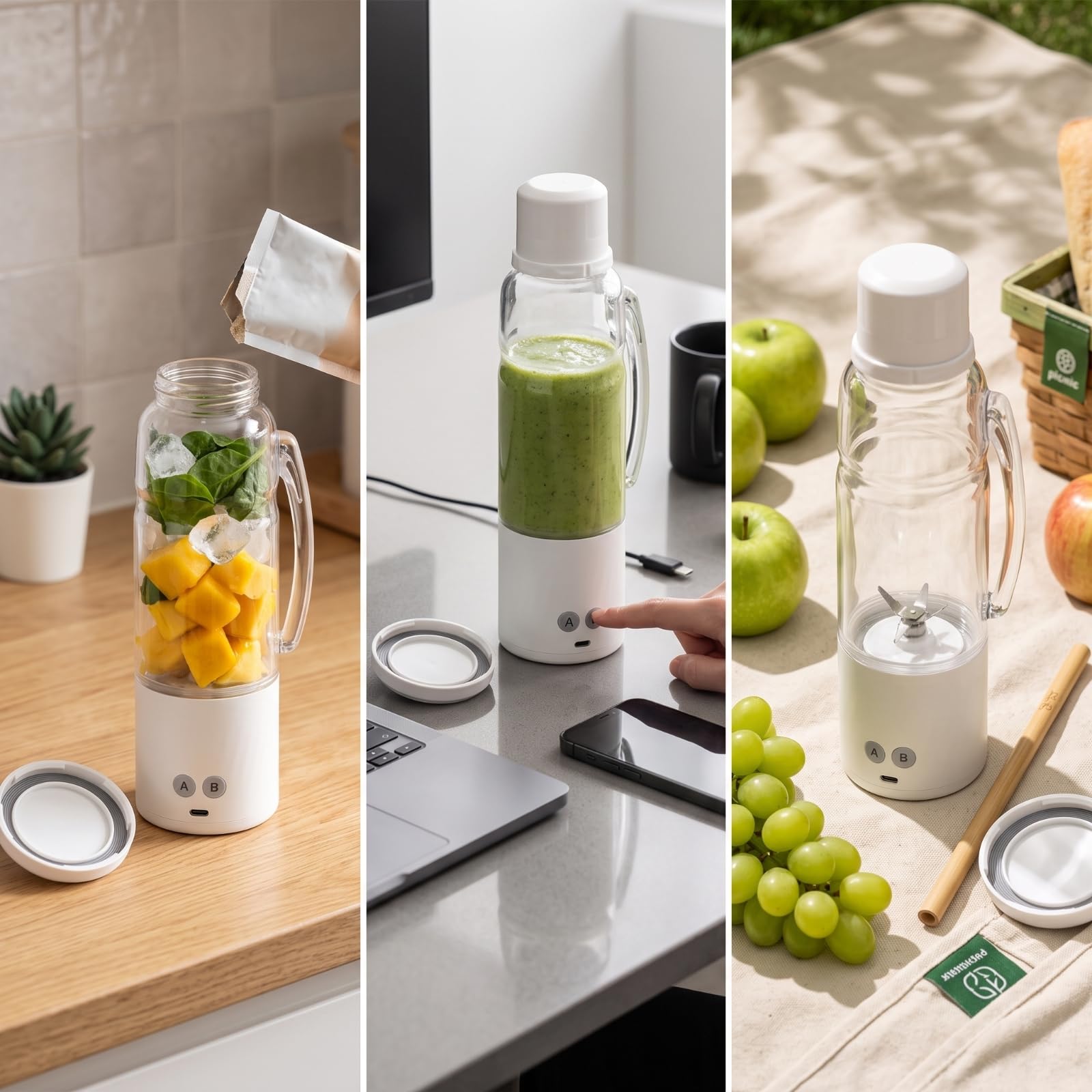 Amagogo Licuadora Portátil Batidora de Mano Mini Mezcladora Exprimidor Eléctrico Recargable con Asa Lateral y Cámara de Mezcla Visible Adecuada para Trabajo, Array, Blanco