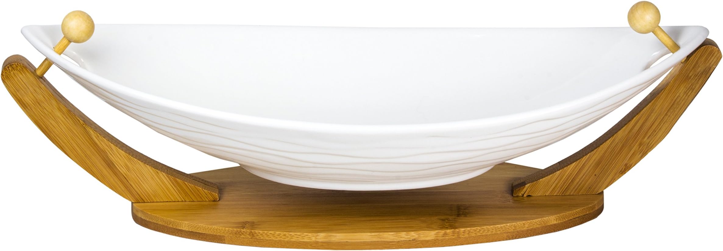 Ceramic Fruit Bowl or Salad Bowl with Hanging Bamboo Stand - The Elegant, Modern Design is Perfect for Salads, Fruits, Vegetables, Snacks, Pasta, Appetizers or Desserts - White Glazed Ceramic Bowl