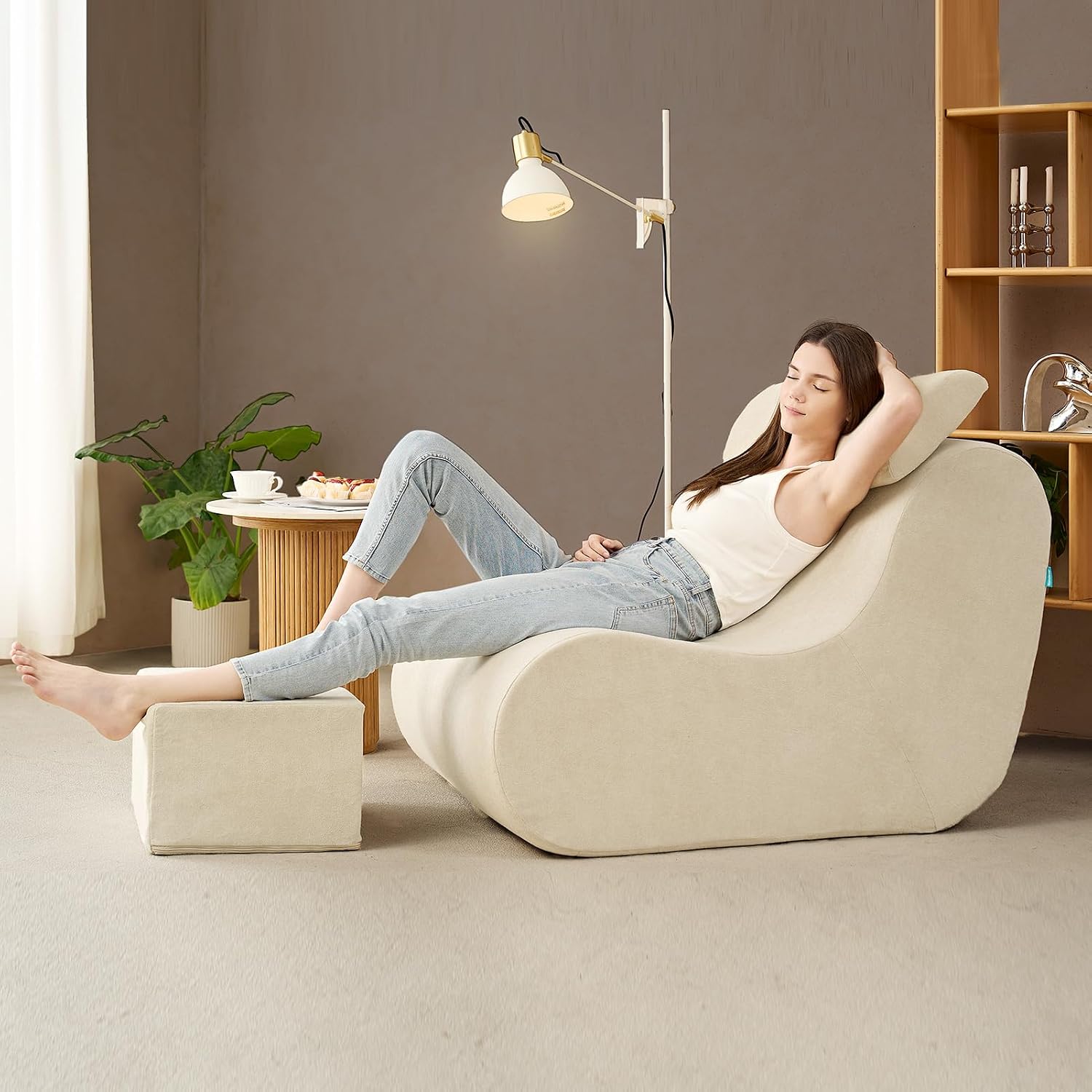 Hansleep Large Bean Bag Chair for Adults, Reading Chair with Ottoman Filled by High-Density Foam, Cozy Lazy Beanbag Lounger Sofa with Waist Support for Living Room, Bedroom, Office, Beige