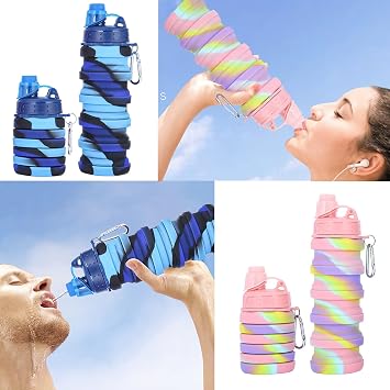 2Pcs Silicone Collapsible Water Bottle Reusable Portable Foldable Water Bottles BPA Free Safe and Heathy Leak Proof for Sports Hiking Trip and Camping Collapsible Water Bottle for Kids Sport