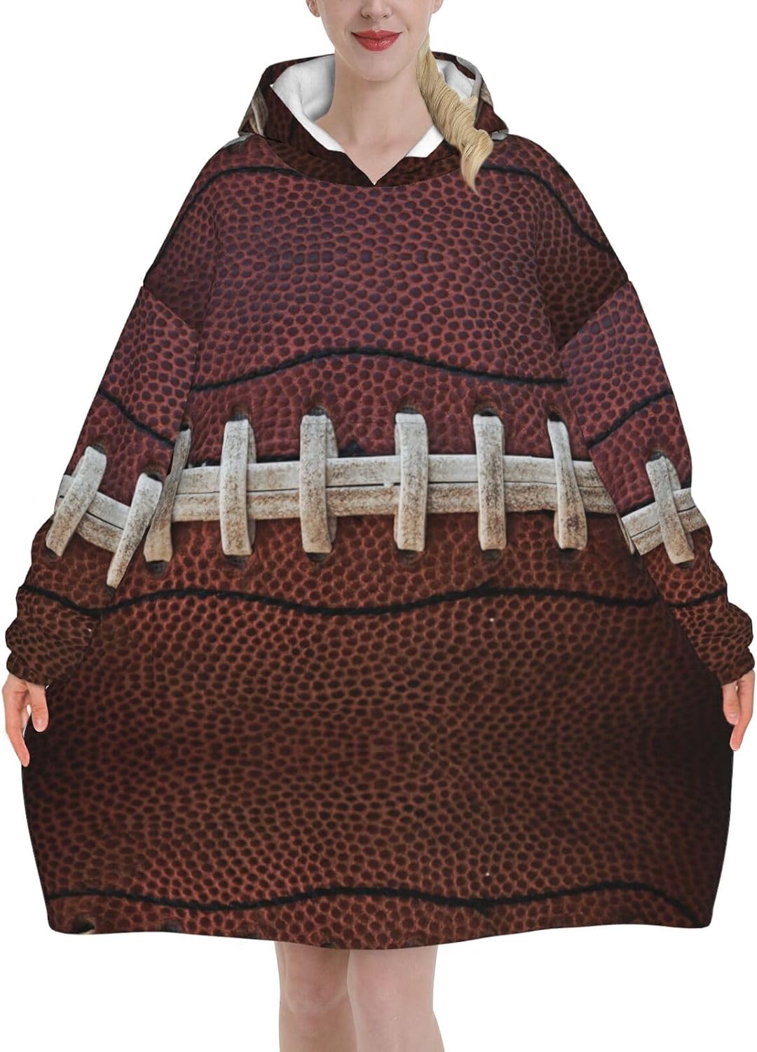 American Football Laces Print Blanket Hoodie Fleece Sweatshirt Blanket With Sleeves And Pockets