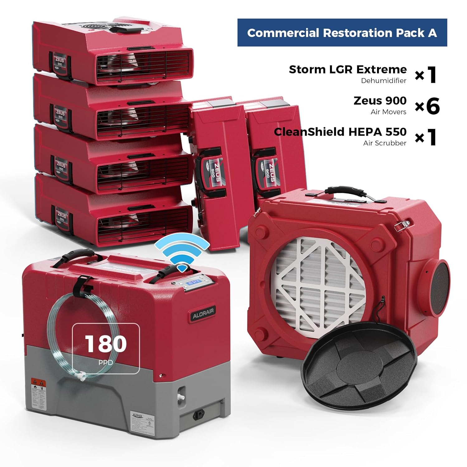 ALORAIR Water Damage Restoration Equipment Combo Pack,1 x WiFi Commercial Dehumidifier, 6 x Air Movers and 1 x Air Scrubber Combo Package Deals, Red