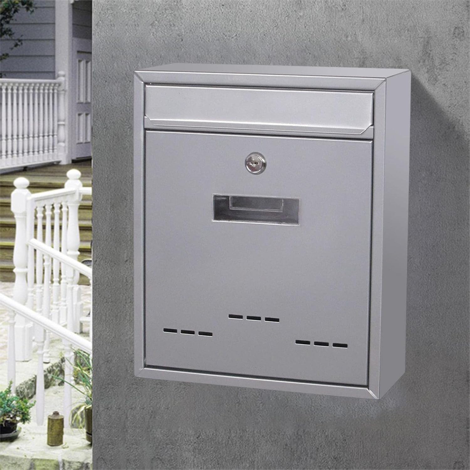Lockable Metal Post Drop Box Large Capacity Letterbox, Retro Mount Mailbox, for Door Home Office Outdoor Decorative (Silver)