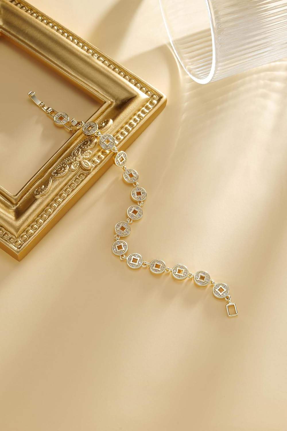 Gold Plated Geometric Openwork Bracelet for Women, Dainty Square Cut-Out Link Chain with Cubic Zirconia for Everyday Elegance - Image 3