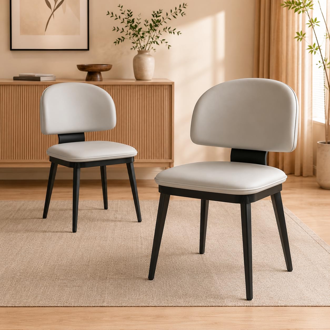 Dining Chairs Set of 2, Light Gray Faux Leather Upholstered Chair with Curved Back, Cushioned Seat and Black Metal Legs, Mid Century Modern Armless Seating for Kitchen, Dining Room