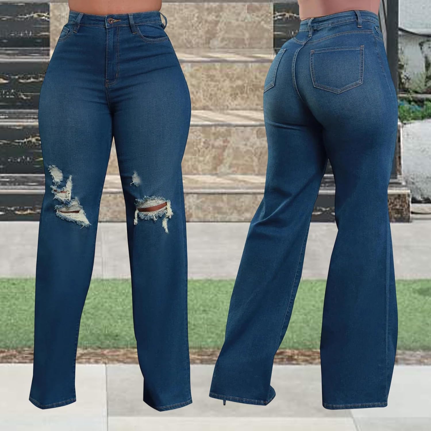 Women's Wide Leg Straight Jeans High Waisted Baggy Stretch Loose Denim Pants - Image 8