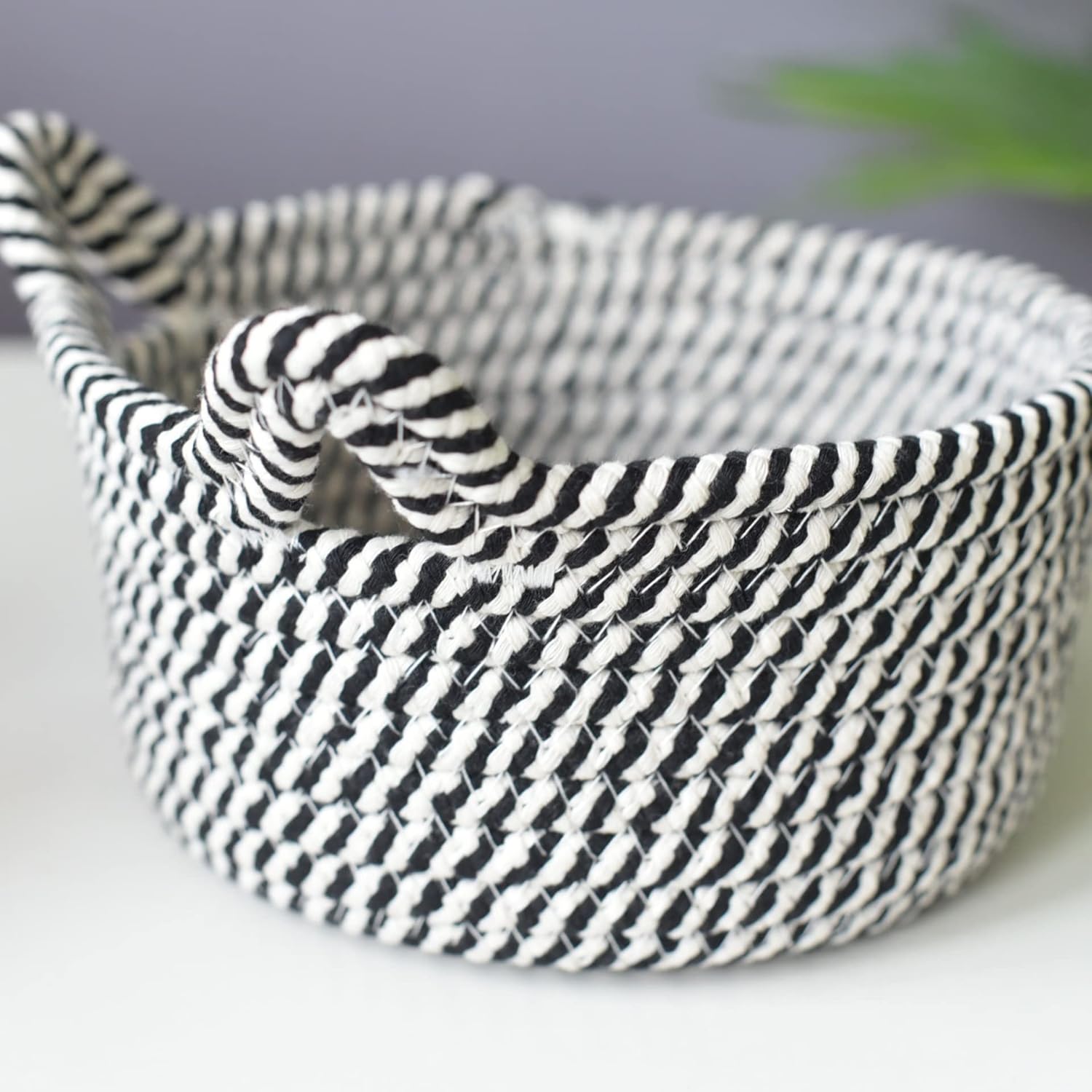 Small Woven Baskets | Mini Storage Bins | Cotton Rope Baby Nursery Organizers | Cute Round Cat Ears Basket for Organizing Desk Decor Kids Toy Dog Cat Baby Girls Gifts-Set of 3(Black white)