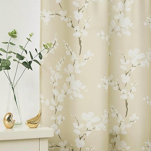 Miniatura 8 de FMFUNCTEX Cortinas de cocina beige de 36 pulgadas de largo, estampado de flores blancas en lienzo, juegos de cortinas para ventanas pequeñas,