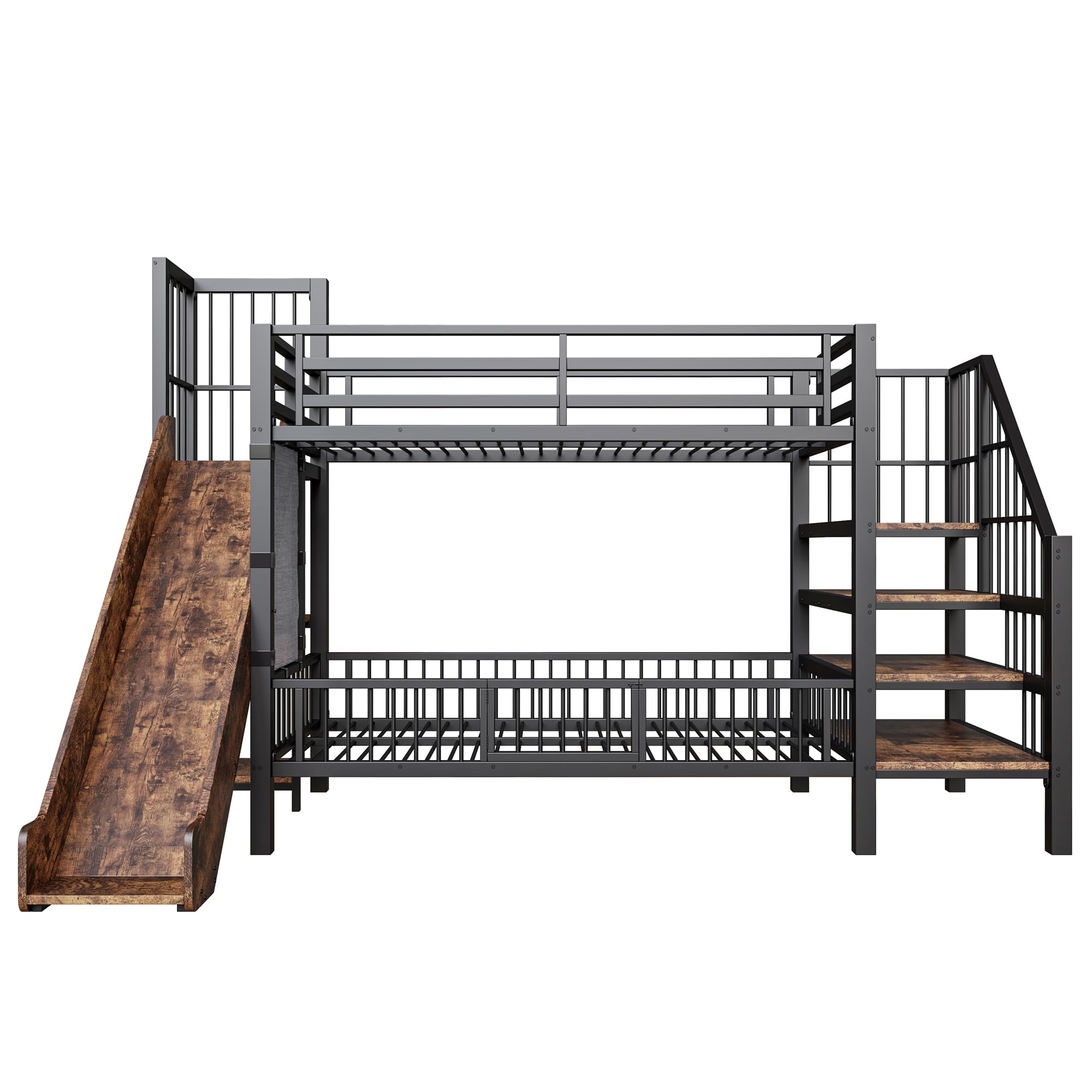 Merax Metall-Etagenbett 90×200 cm, mit Rutsche, Stauraumtreppe, Schutzgitter, integrierten Regalen, platzsparendes Kinderbett, Etagenbett für Jungen & Mädchen, Schwarz (ohne Matratze)