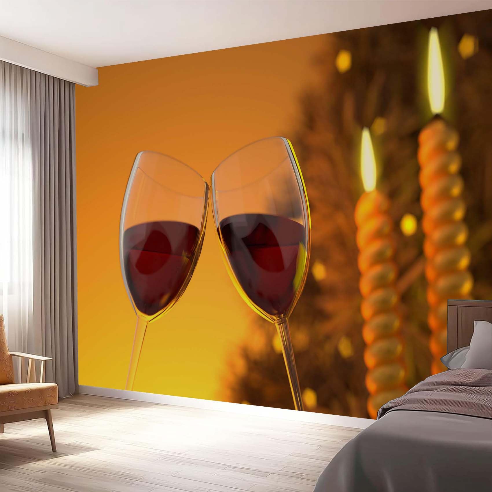 Große Vlies Fototapete Romantisches Weinglas 250x175 cm 3D Effekt Rotwein und Kerzen Wandtapete Vliestapete für Schlafzimmer Moderne Wandgestaltung Poster 3056o