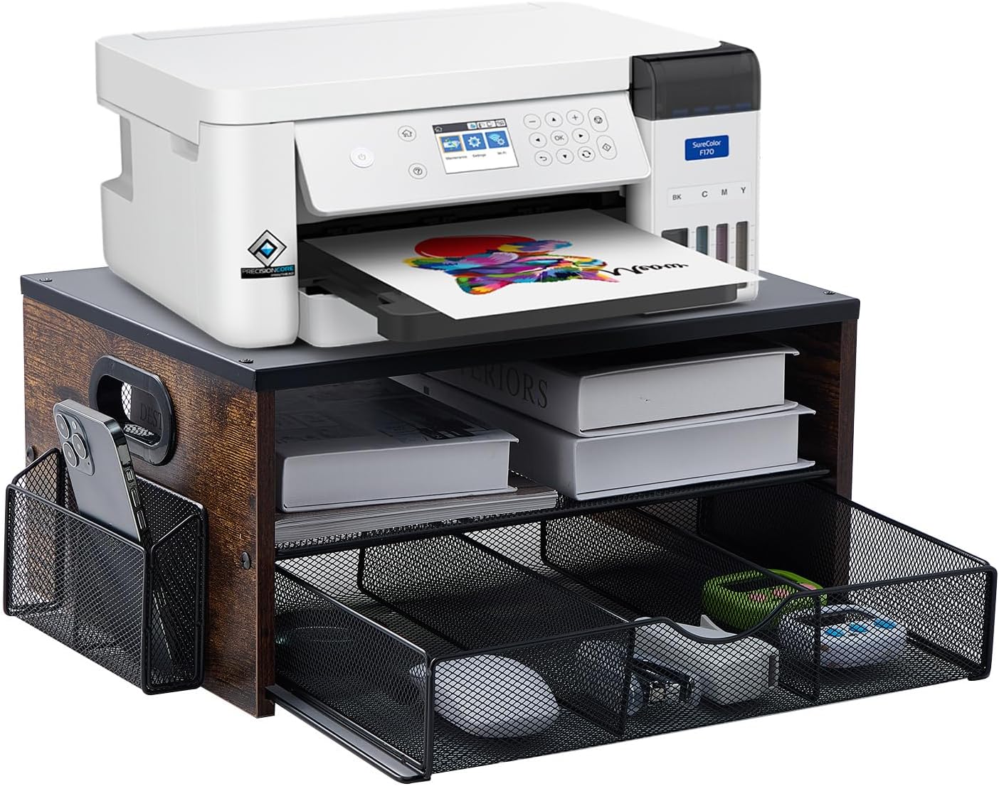 Printer Stand,Desktop Printer Stand with 2-Tier Storage Shelves for Home Office?Desk Organizer with Drawer and 2 Pen Holders for Fax Machine Scanner Files