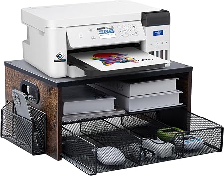 Printer Stand,Desktop Printer Stand with 2-Tier Storage Shelves | for Home Office,Desk Organizer with Drawer and 2 Pen Holders for Fax Machine Scanner Files
