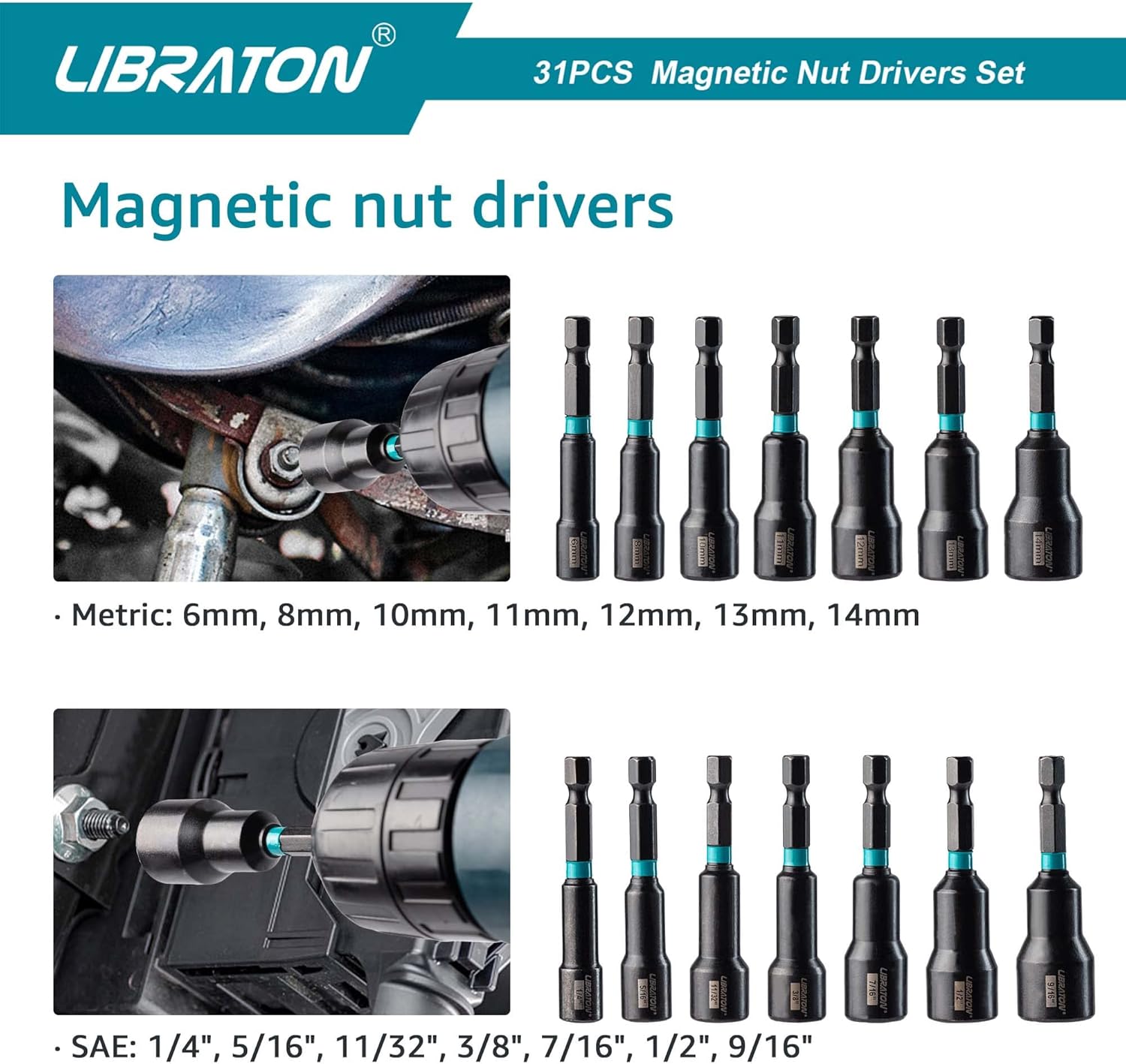Libraton 31PCS Magnetic Nut Driver Set, Impact Drill Driver Bit Set 1/4", Metric and SAE Nut Driver, Screwdriver Bits, Impact Socket Adapters, Bit Holder, Quick-release Extensions with Storage Bag