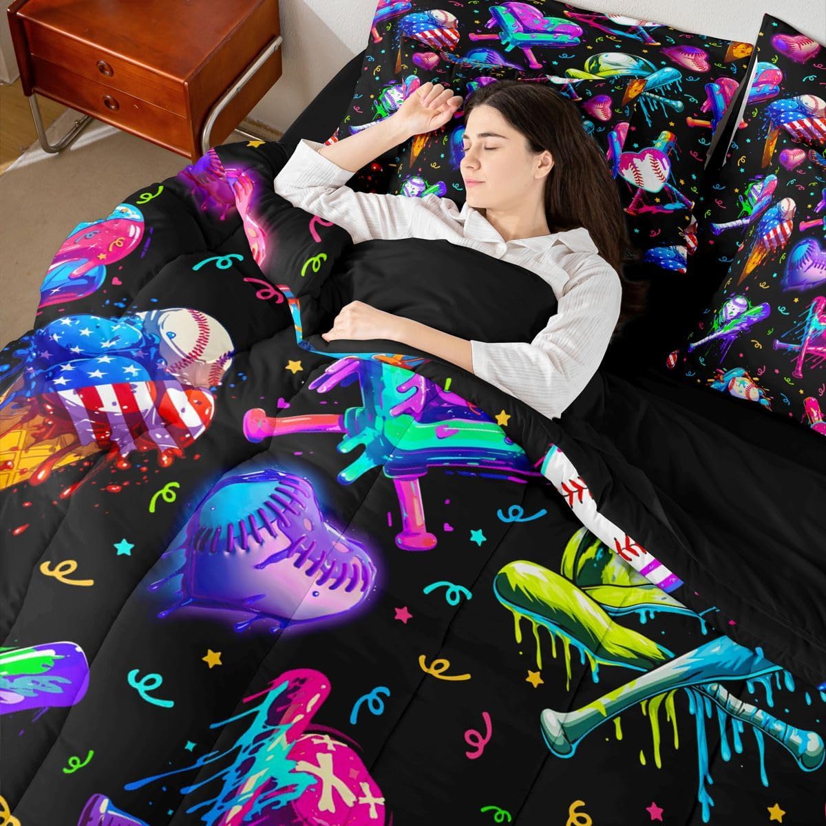 Kids Baseball Cream 7 Piece Bedding Set Queen Size Ice Cooling Bed in a Bag For Boys Girls Teens Bedroom Decor Baseball Gaming Comforter Set with Sheets,Pillowcases & Cushion Cover Sports Microfiber