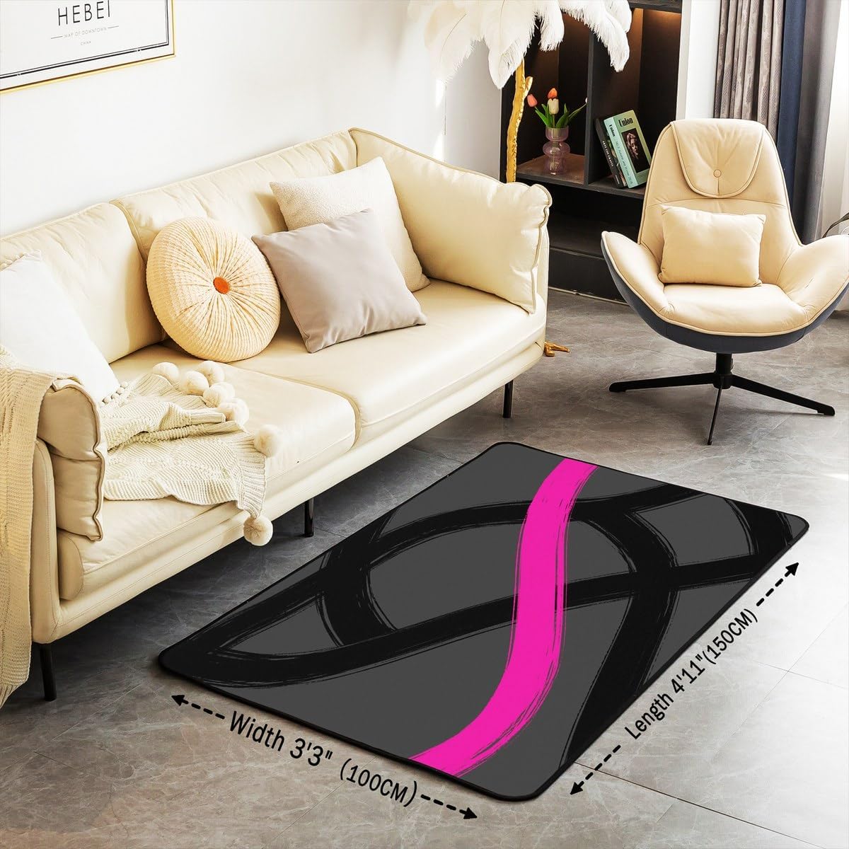 jejeloiu Hot Pink Black Stripes Living Room Rugs for Bedroom Kids Area Rug 3x5 Geometric Modern Abstract Art Decor Carpet for Boys Girls Teens Luxury Geometric Line Indoor Floor Mat Room Decor