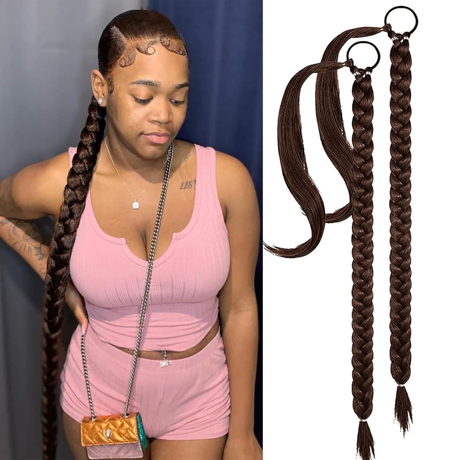 2 Packs Brown Long Braided Ponytail Extension For Black Women Soft Synthetic Hair Piece For Women with Hair Tie Straight Wrap Around Ponytail Braided Hair Extensions pre Stretched 30 Inch