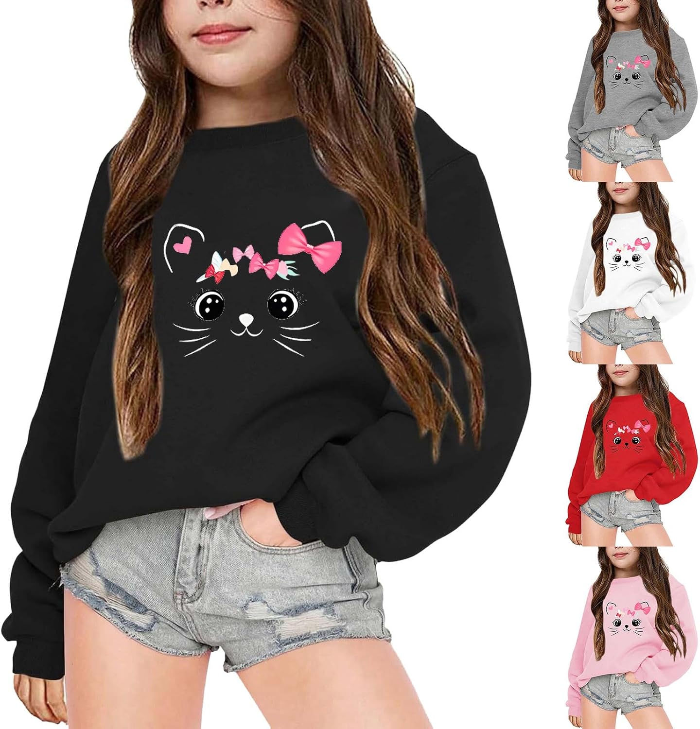Sweatshirt for Girls Cute Cat Face Graphic Pullover Sweatshirts Kids Crewneck Long Sleeve Cartoon Pullover Sweater