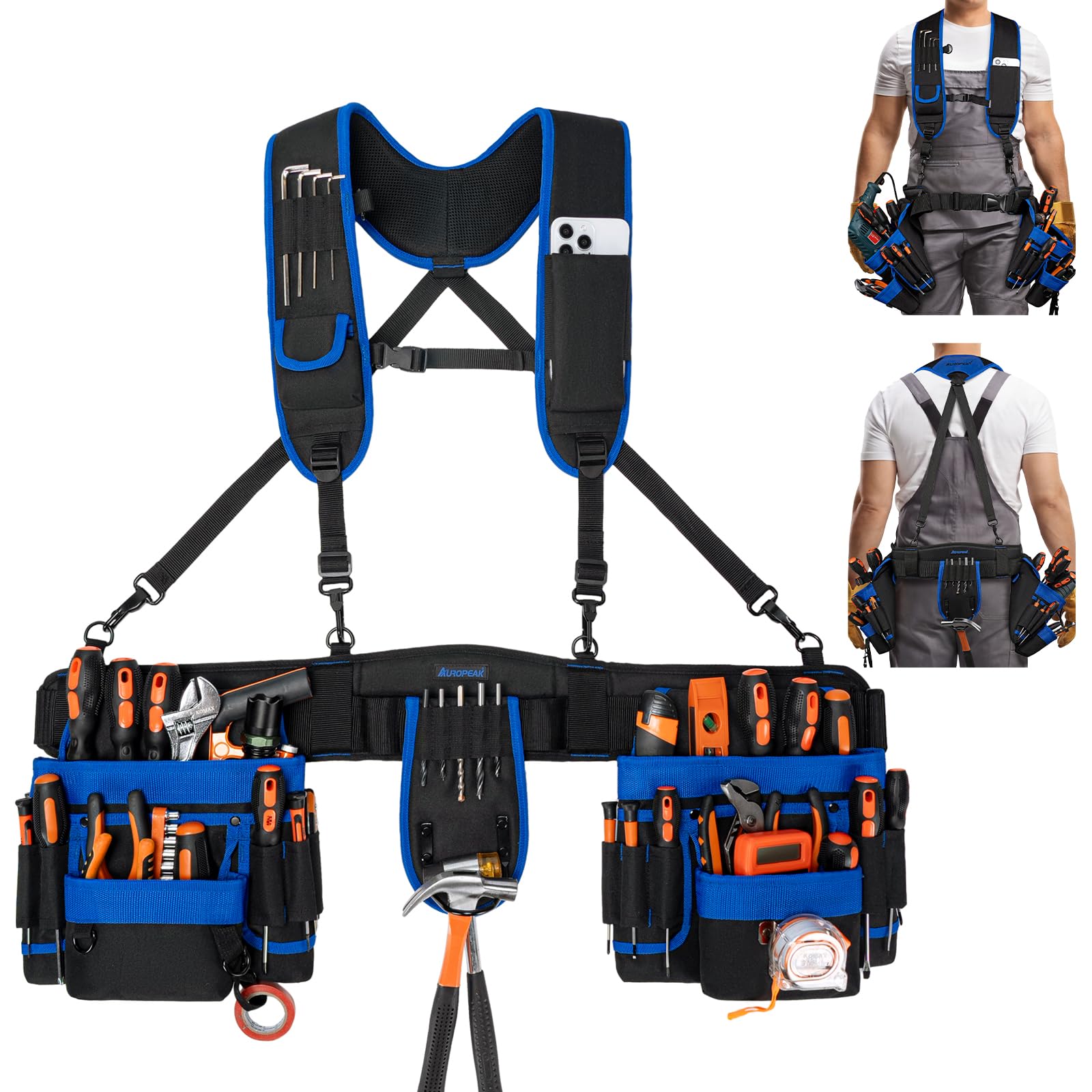 Tool Belt Suspenders, 33-Pocket Electrician Tool Belt, Tool Belts for Men with Detachable & Adjustable Tool Pouches Bag for Framers, Carpenter, Roofing, Contractor（33''-48'' Blue