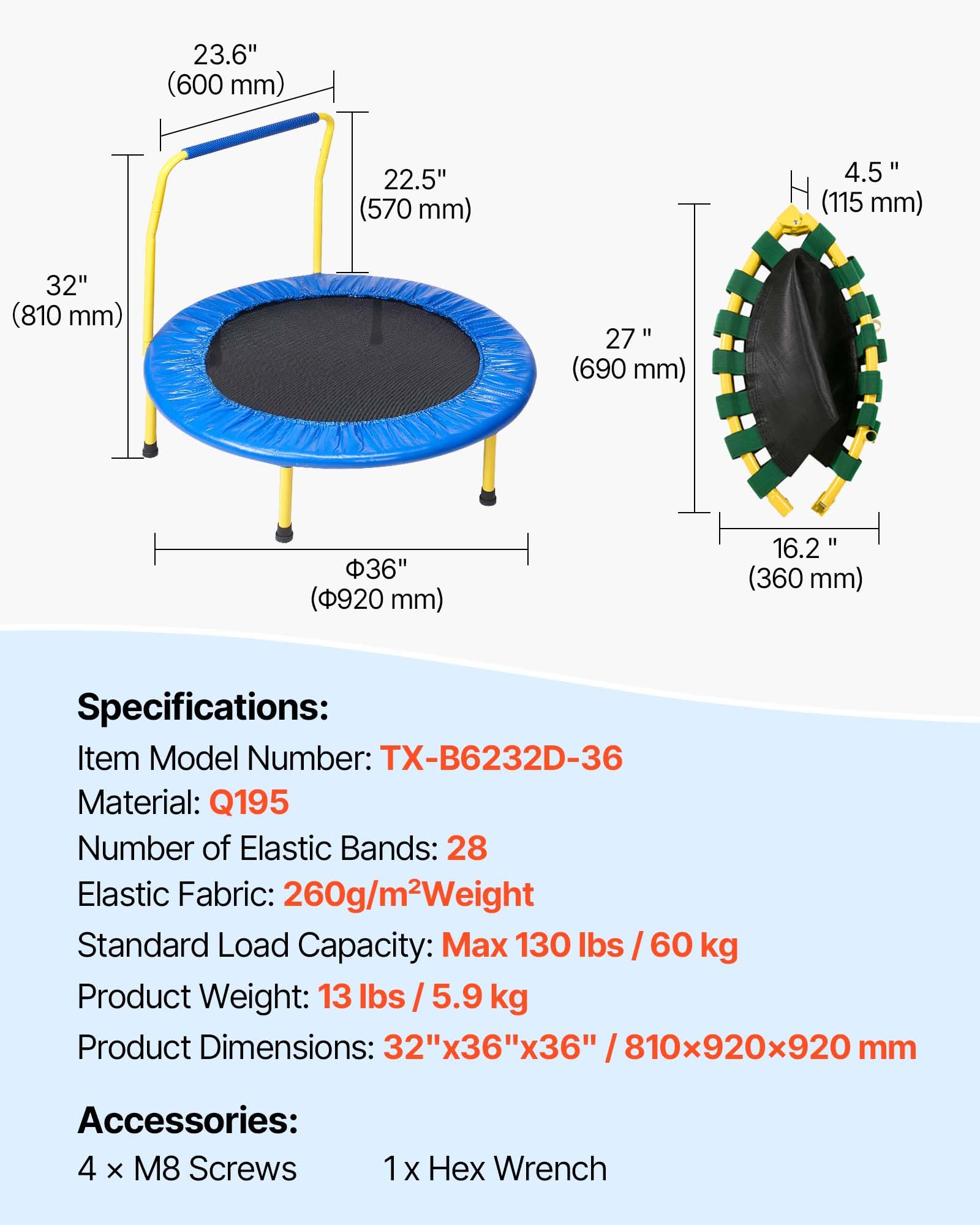 VEVOR Trampoline pour Enfants 92 cm Mini Trampoline Extérieur Intérieur Pliable pour Tout-Petits avec Poignée Mousse Trampoline Récréatif Exercices Cadeau d'anniversaire pour Enfants de 3 Ans et Plus