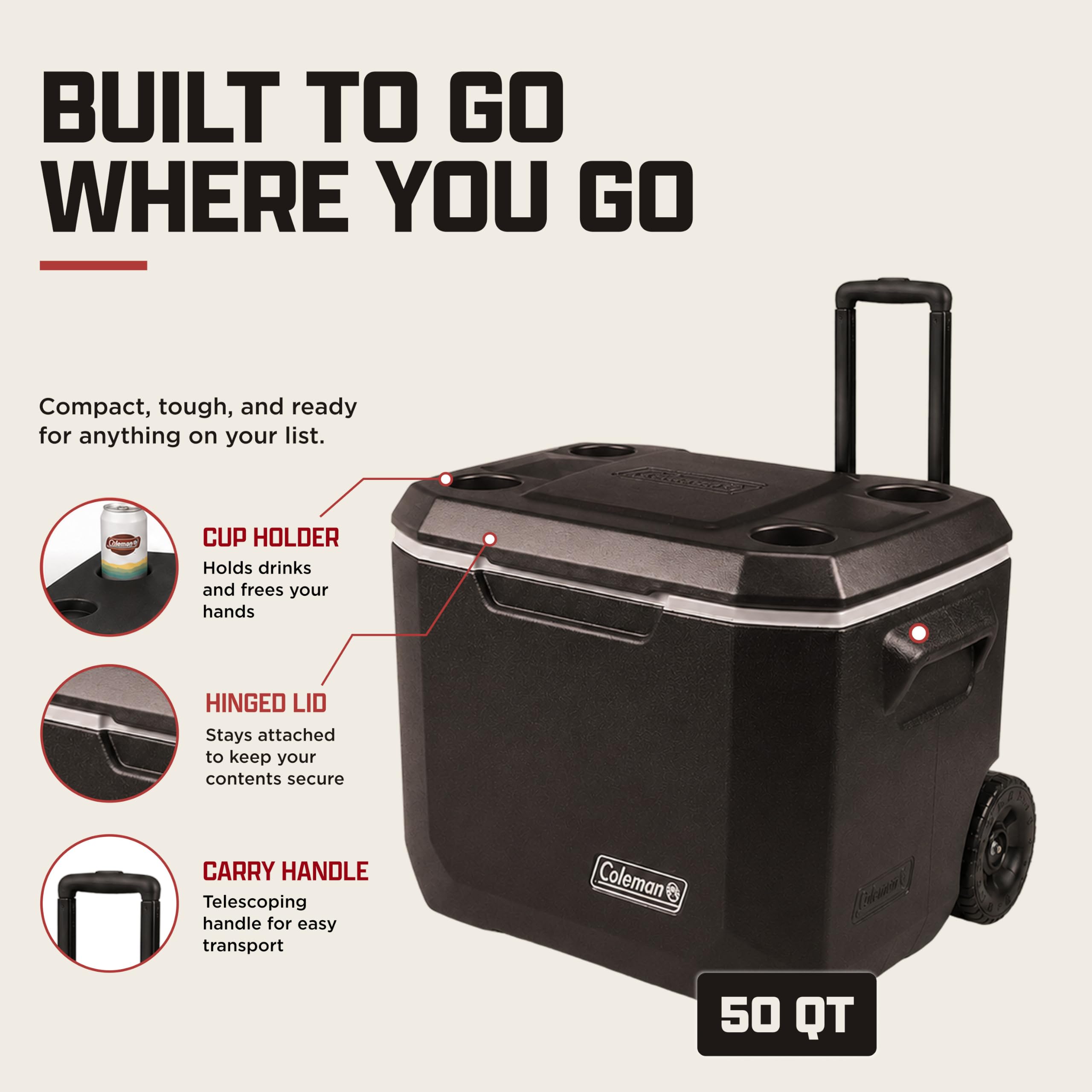 Coleman Glacière portable à roulettes Xtreme de 50 litres avec roues pour garder la glace jusqu'à 5 jours