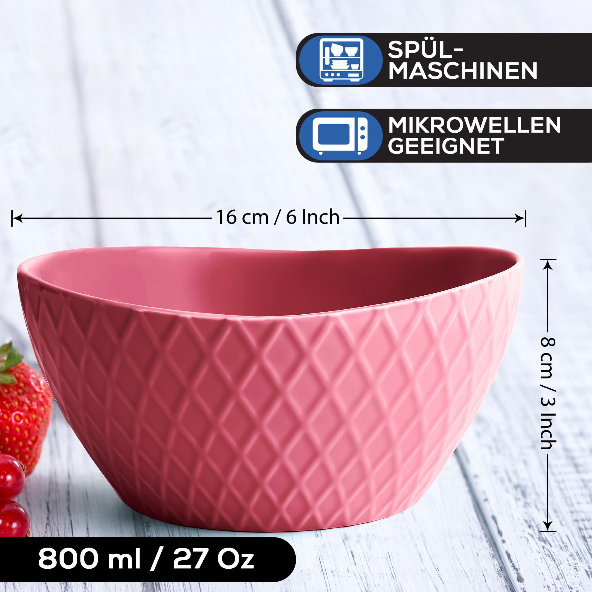 MIAMIO - Schüssel Set, Keramik (800ml) - Palmanova (Rot) für den Alltag | Keramik Schüssel Set für Müsli, Salat, Pasta und Snacks, 800ml, Rot für Küche und Alltag - spülmaschinenfest im Alltag