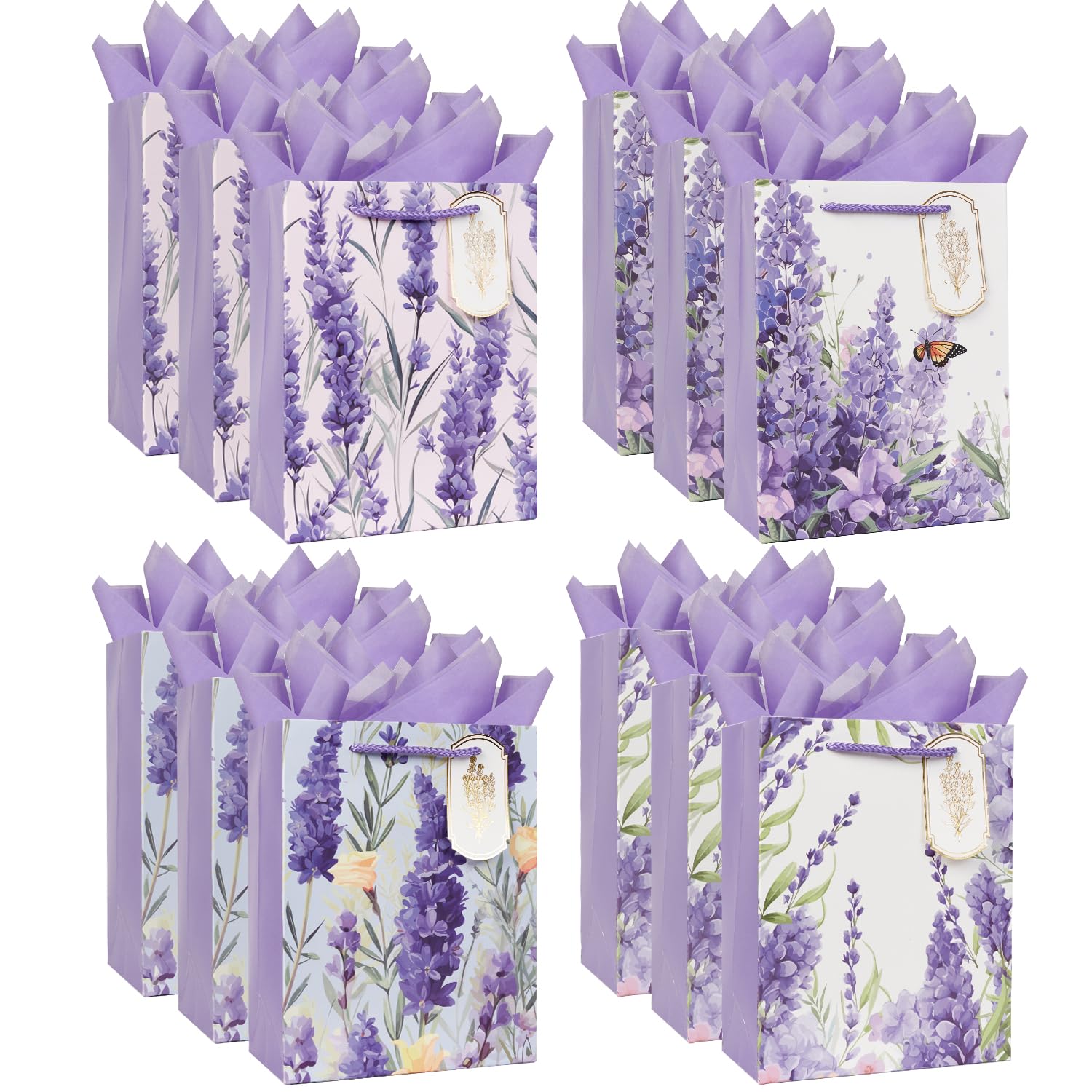 12 Pack Lavender Gift Bags with Tissue Paper,9'' Purple Paper Bag with Handles & Tags for Mother's Day,Women's Birthday,Christmas,Wedding, Anniversary,Greeting