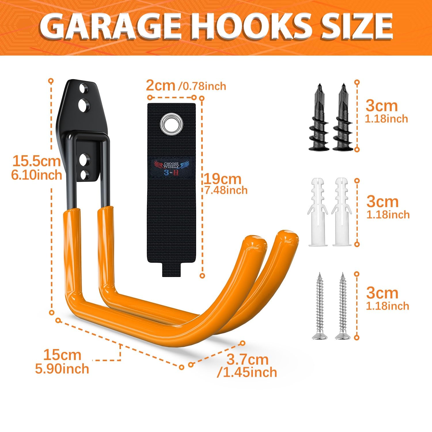 3-H Garage Hooks 4Pack, Solid Steel Heavy Duty Wall Hooks with Adjustable Extension Belt, 3 Round Welding Spots - Image 2