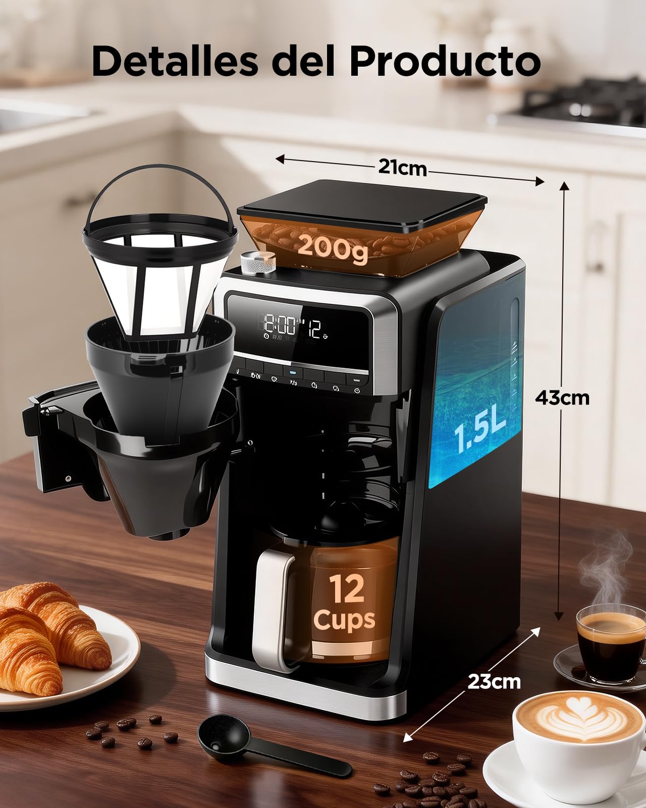 Aigostar Cafetera Goteo con Molinillo Incorporado, 7 Ajustes de Molienda | 1,5L (2-12 Tazas), 1400W Maquina de Cafe, 3 Concentraciones, Programable 24H con Mantenimiento de Calor, Negro