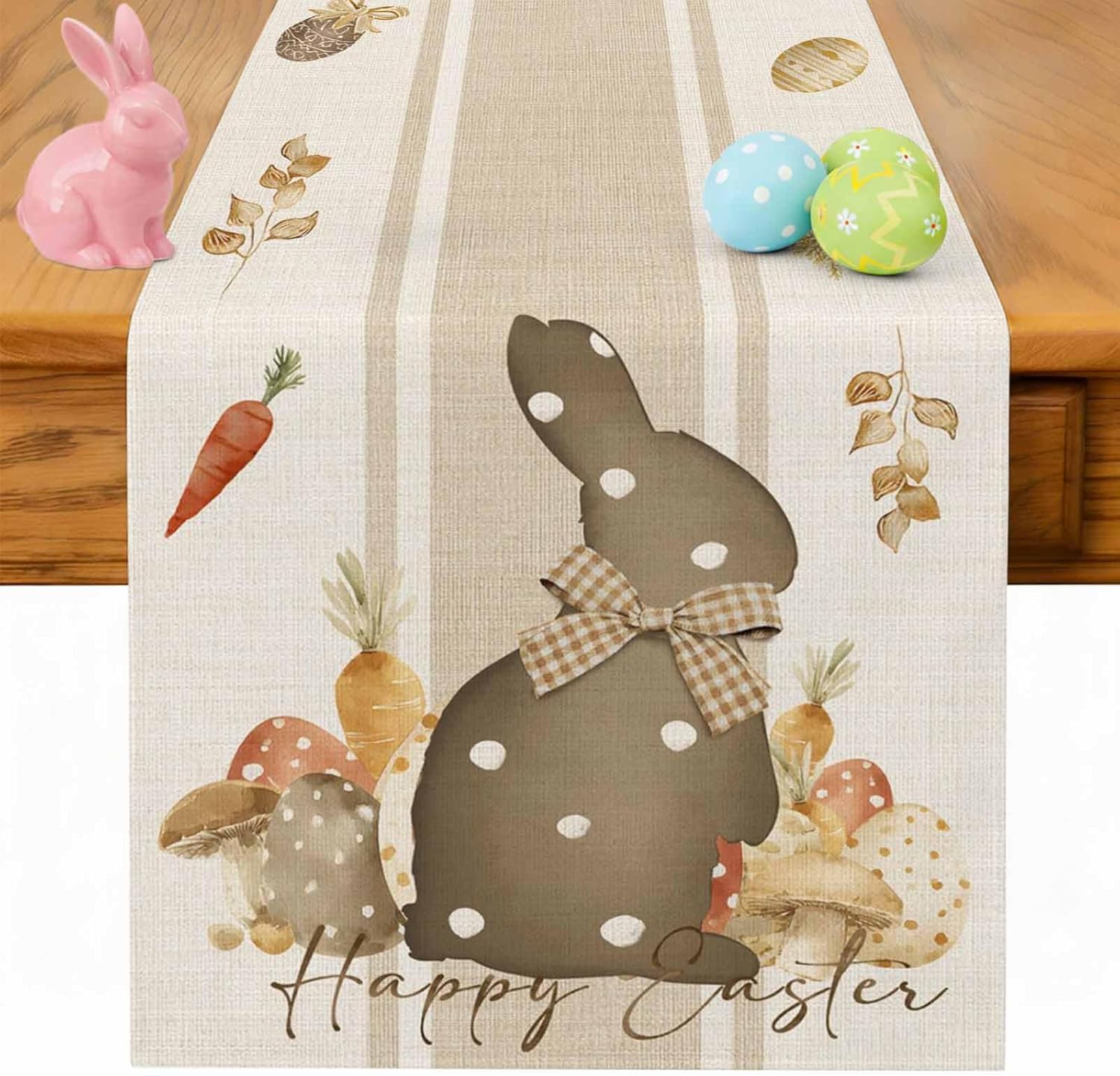 Happy Easter Table Runner 13x120 Inches Long Bunny Egg Runner for Table Carrot Rabbit Table Runners Washable Farmhouse Dresser Scarf for Kitchen Coffee Dining Seasonal Spring Holiday Party