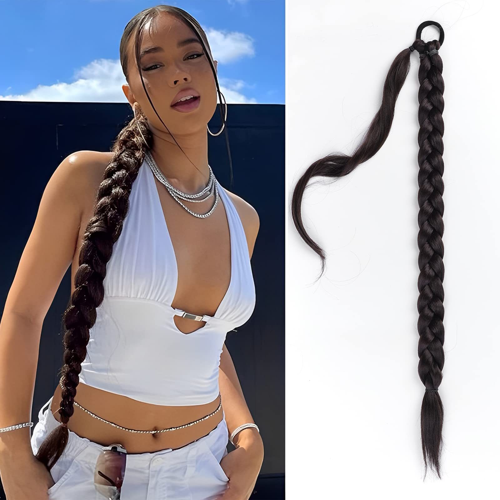 HAIRCUBE Long Braided Ponytail Extension with Hair Tie Straight Wrap Around Hair Extensions Ponytail Natural Soft Synthetic Hair Piece for Women Daily Wear 32 I