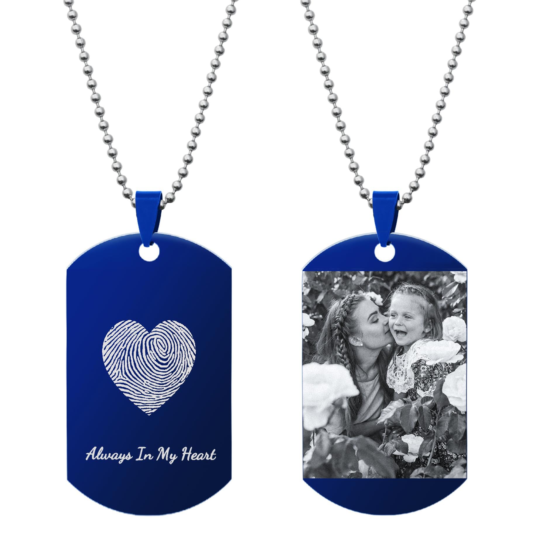 Qina C. Personalisierbarer Schlüsselanhänger mit Herz-Fingerabdruck und Daumenabdruck "Always In My Heart", Blauer Schlüsselanhänger: 1 seitliche Fingerabdruck-Fotogravur + 1 seitliche Fotogravur,