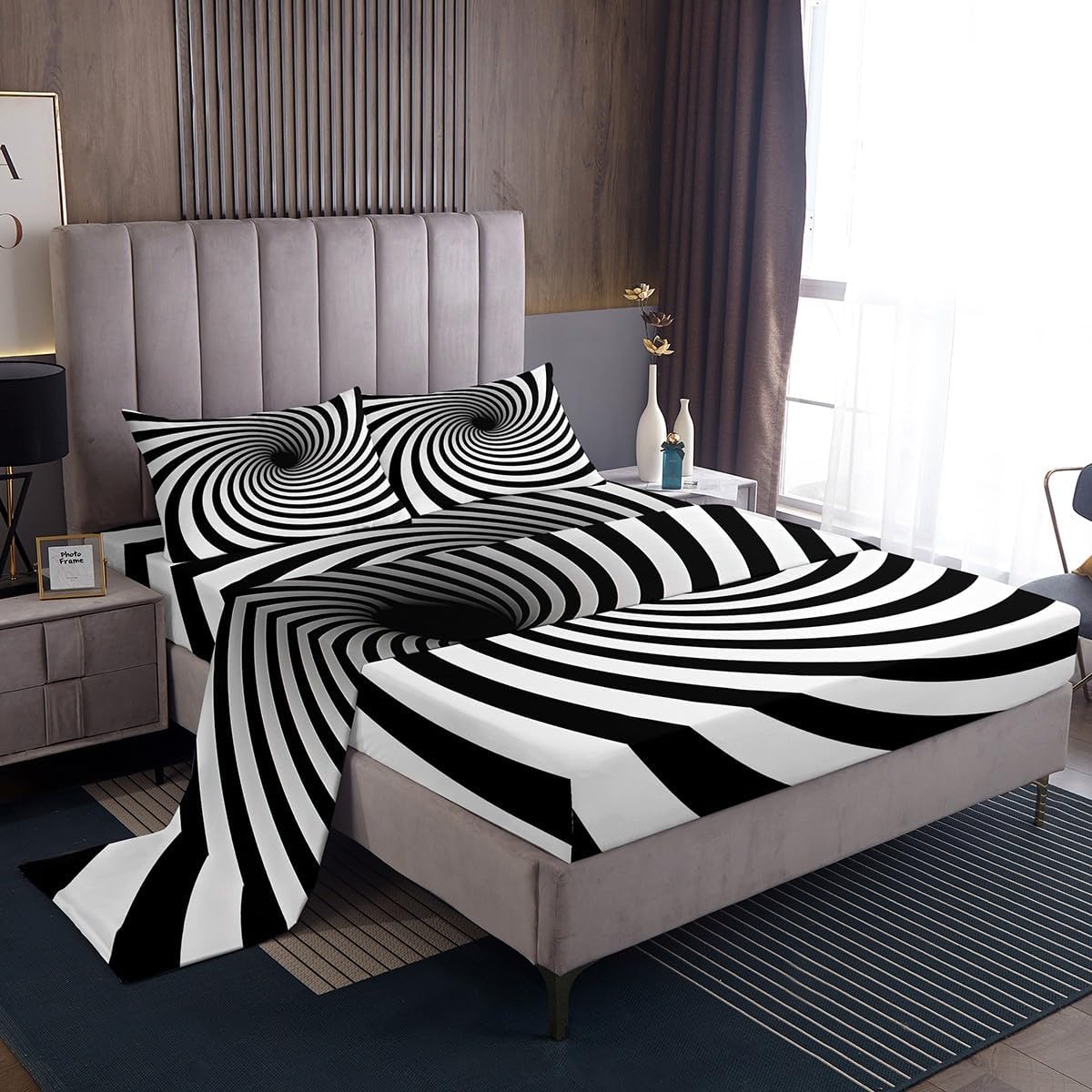 Black White Stripes Bed Sheet Queen Set Visual Abstraction Sheets Sets Adults Bedroom Decor Optical Illusion Microfiber Bedding Set with Flat,Fitted Sheet,2 Pillow Cases