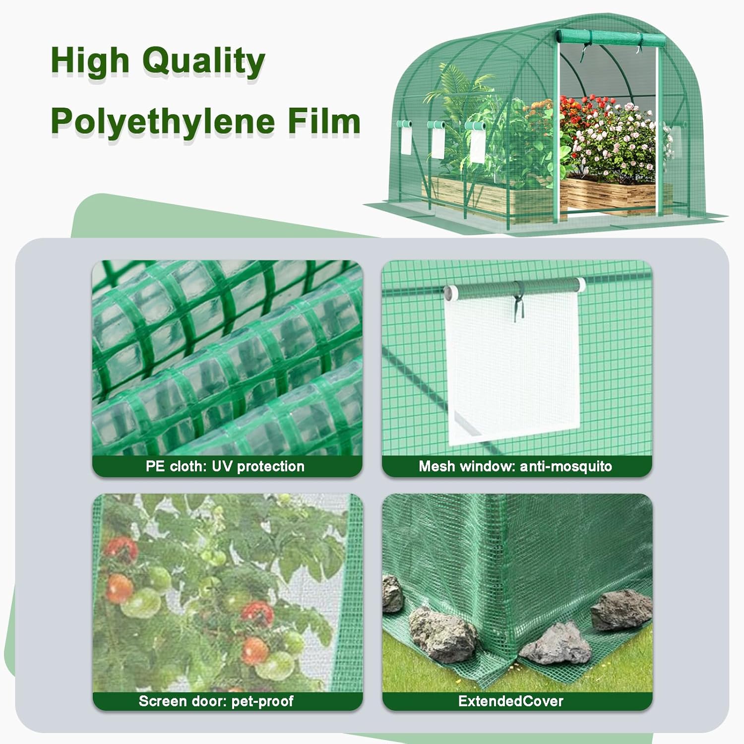 10x7x7 FT Greenhouse, Large Walk-in Green Houses for Outside, Tunnel Greenhouse with Thicken PE Cover with Mesh Door and 6 Ventilation Windows