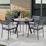 Soleil Jardin 5 Piece Outdoor Dining Set, Aluminum Patio Furniture Dining Set with Round Dining Table w/Umbrella Hole and 4 Stackable Chairs w/Cushions for Yard, Garden, Porch and Pool, Dark Gray