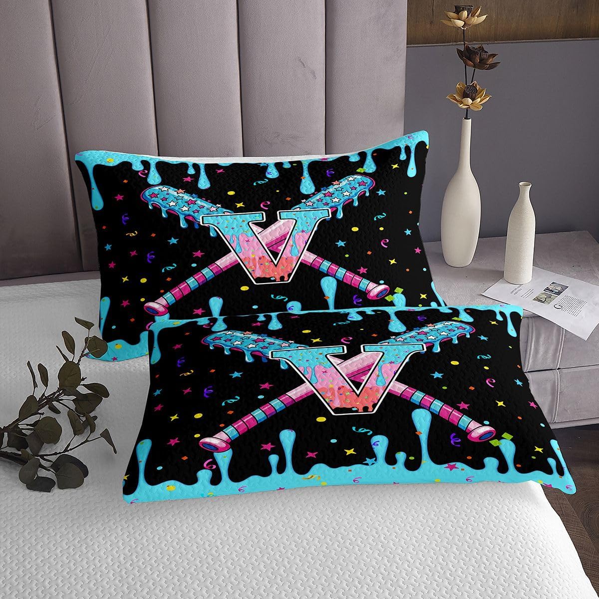 King Size Baseball Quilted Coverlet Boys Girls Baseball Gaming Bedspread For Kids Ultra Soft Personalized Initial Letter V Coverlet Set Sports Theme Room Decor Bedclothes Breathable Soft Microfiber