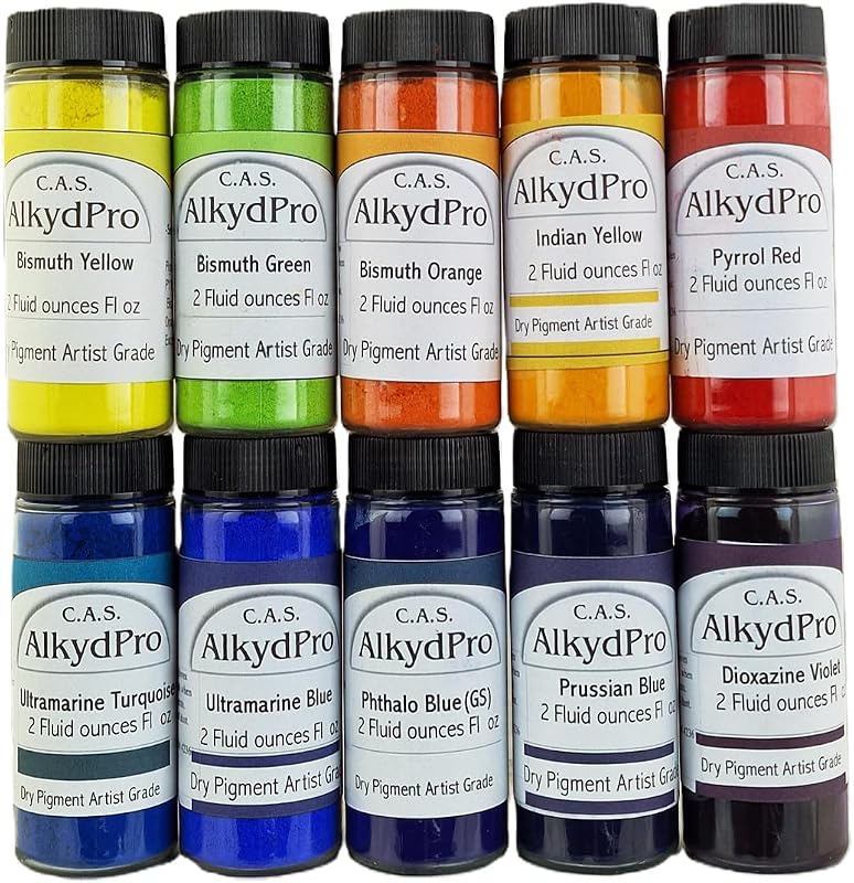 Juego de pigmentos de bismuto sin cadmio, amarillo, verde, naranja y turquesa ultramarino para pintura al óleo, acuarela, acrílico, alquídico, polvo seco grado artista, 2 onzas líquidas (paquete de 10)