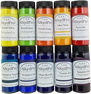 Juego de pigmentos de bismuto sin cadmio, amarillo, verde, naranja y turquesa ultramarino para pintura al óleo, acuarela, acrílico, alquídico, polvo seco grado artista, 2 onzas líquidas (paquete de 10)