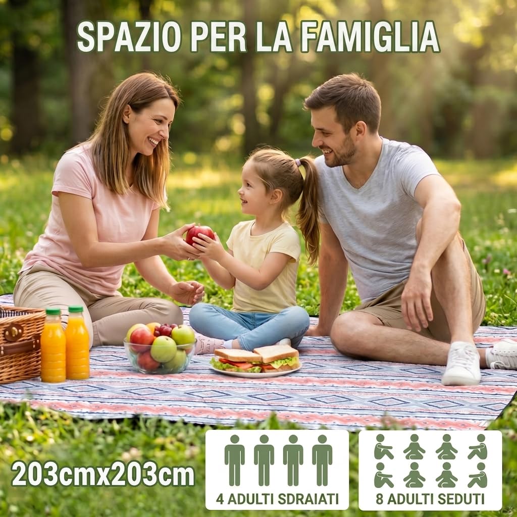 WolfWise Telo Picnic Impermeabile, Stuoia Campeggio 200x200 cm Pieghevole con Cinghie Regolabili e Tracolla, Picnic Blanket per Giardino, Prato, Spiaggia, Viaggi e Escursioni, Blu