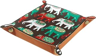 Plegable Rolling Dice Games Tray Cuero Cuadrado Joyería Bandejas y Reloj, Llave, Moneda, Caramelo Caja De Almacenamiento Étnico Elefantes Indios Verde Blanco Rojo
