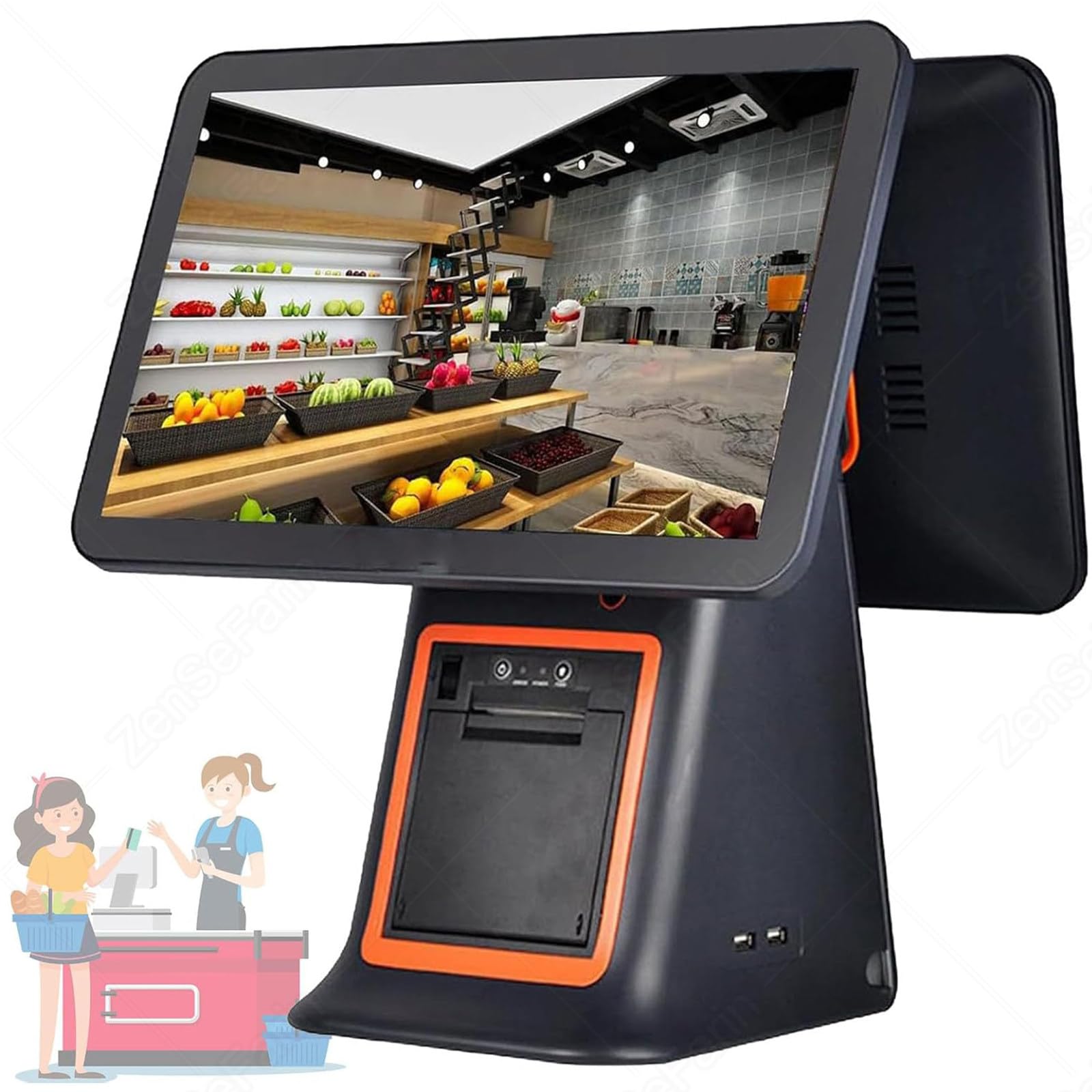 SENJINGHUA Smart Cash Register, 15.6" Touch Screen, All-in-One Cash Register with Touch Screen Dual Monitor, 58mm Thermal Printer POS System 8GB RAM, 128G SSD, for Small Business Black