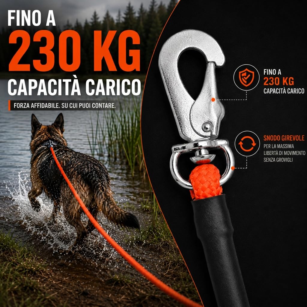 Guinzaglio galleggiante per cani, senza cinturino da polso, 10 m, arancione brillante, robusto guinzaglio da campo con moschettone girevole, carico di trazione 230 kg, guinzaglio da addestramento per