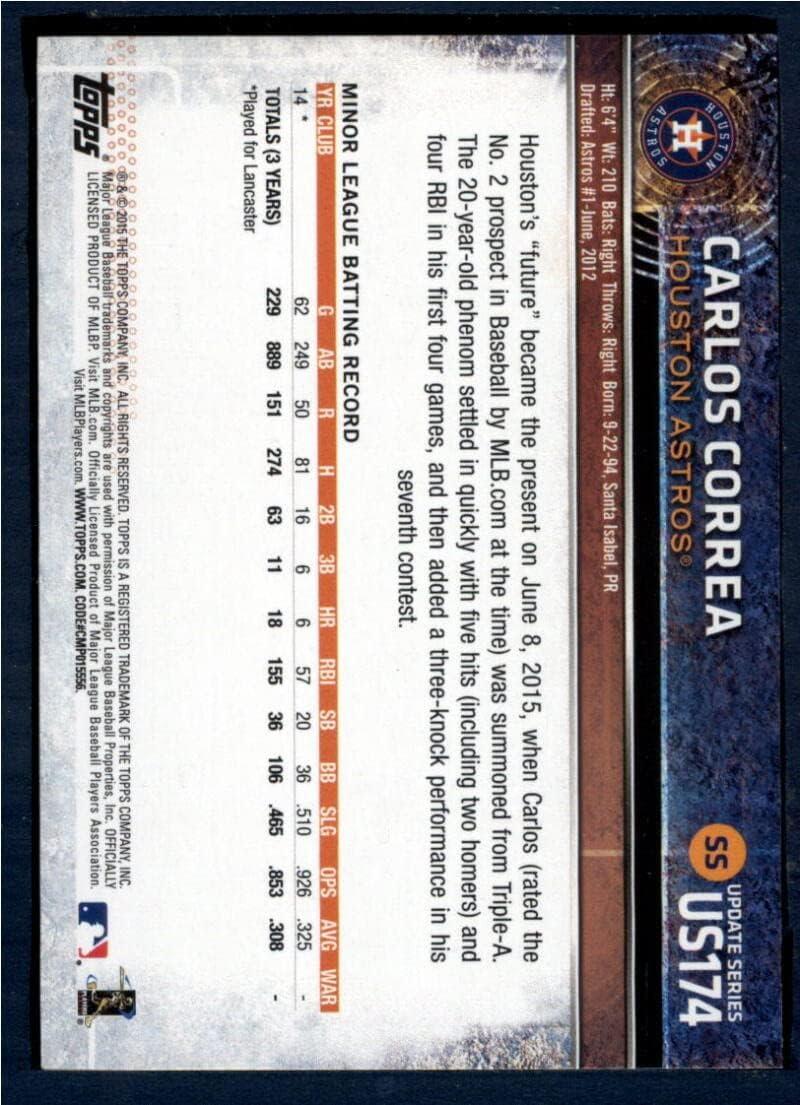 2015 Topps Update #174B Carlos Correa Dugout w/Altuve NM-MT RC Rookie Houston Astros Baseball