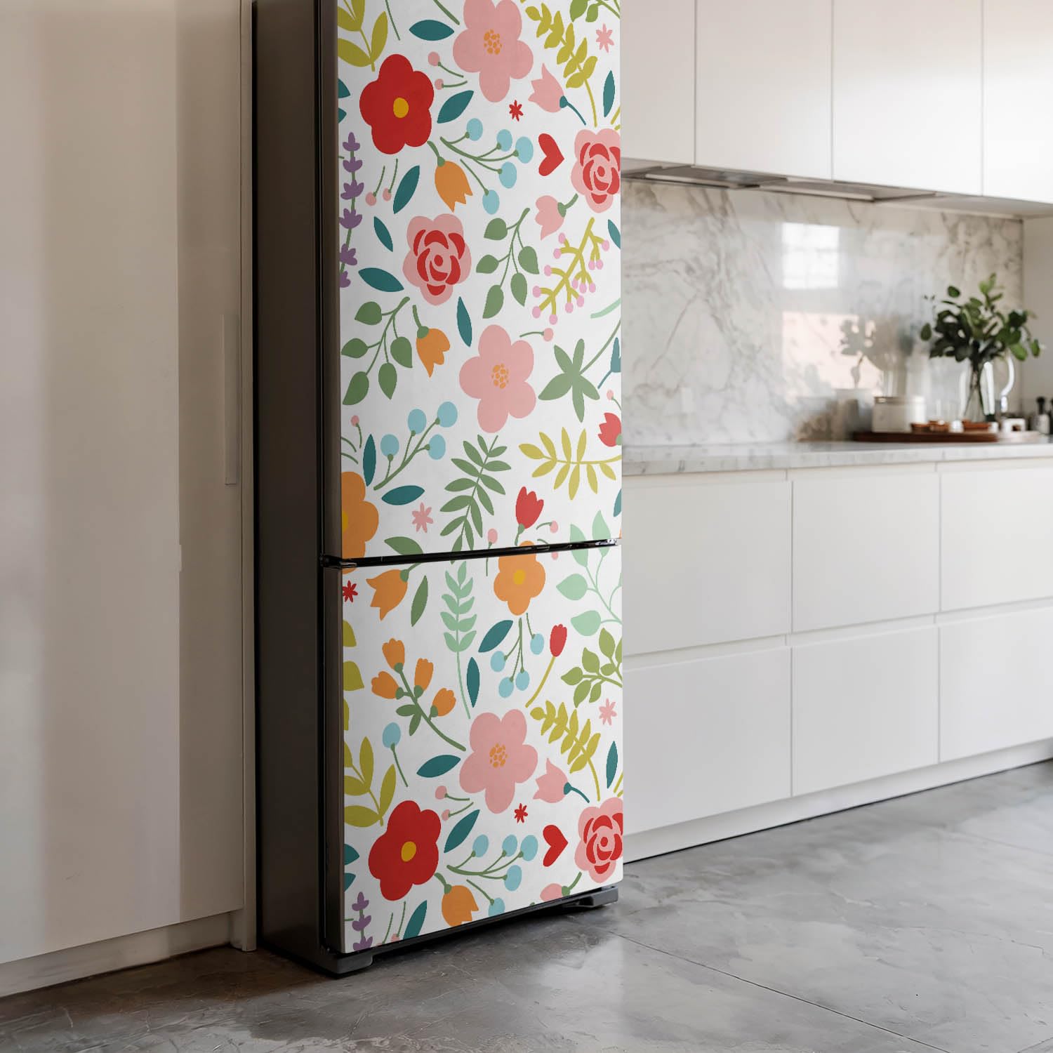 Aufkleber für den Kühlschrank 60x205 cm Matt Dekorfolie Dekoration für Küche in vielen Designs Kühlschrankfolie Selbstklebend Schutz vor Beschädigungen - Fröhliches Blumenmuster
