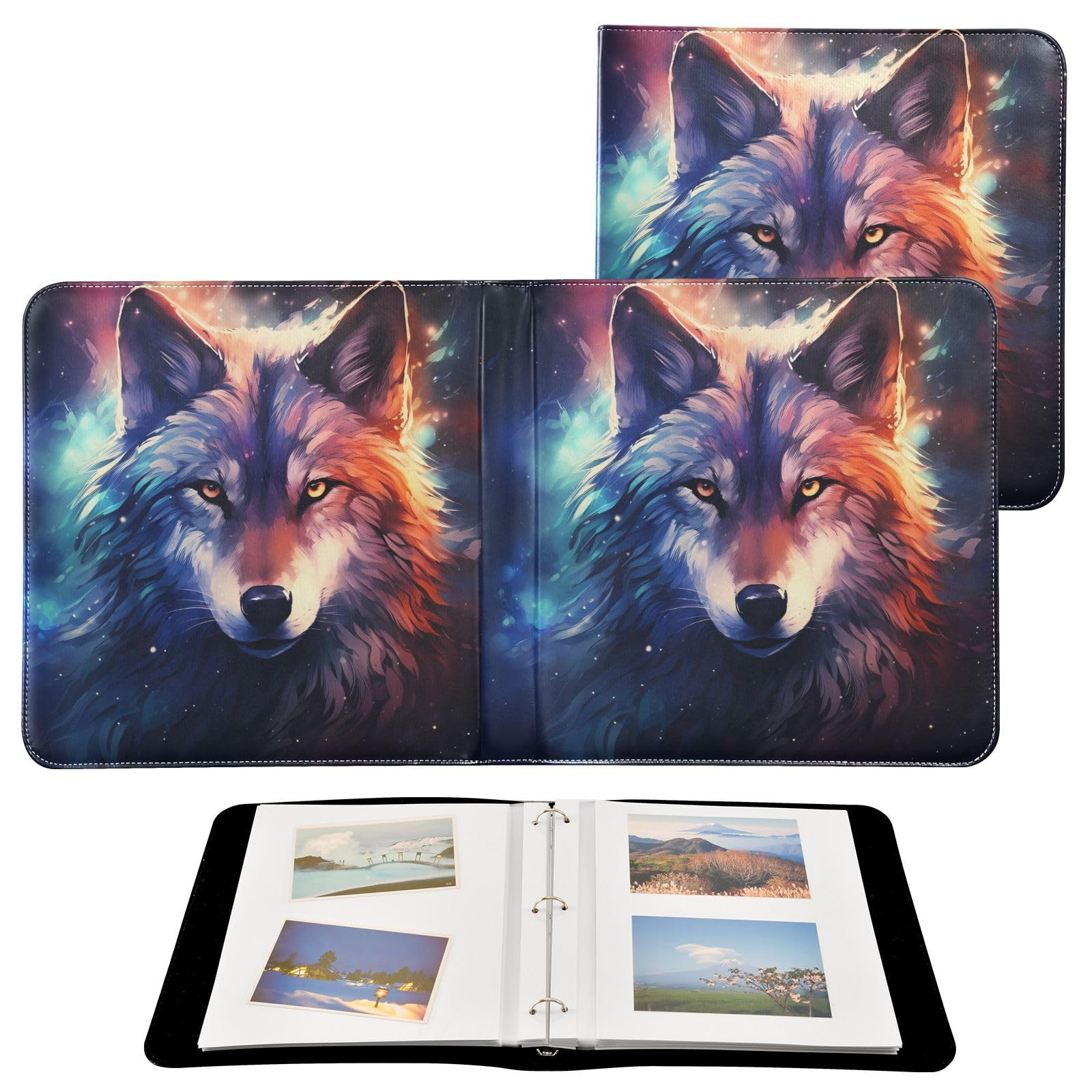 JIPONI Colorful Wolf Hand-painted Large Photo Album, DIY Leather Cover Scrapbook Albums for 4x6 5x7 6x8 Pictures, Self Adhesive Memory Book for Wedding, Baby, Family