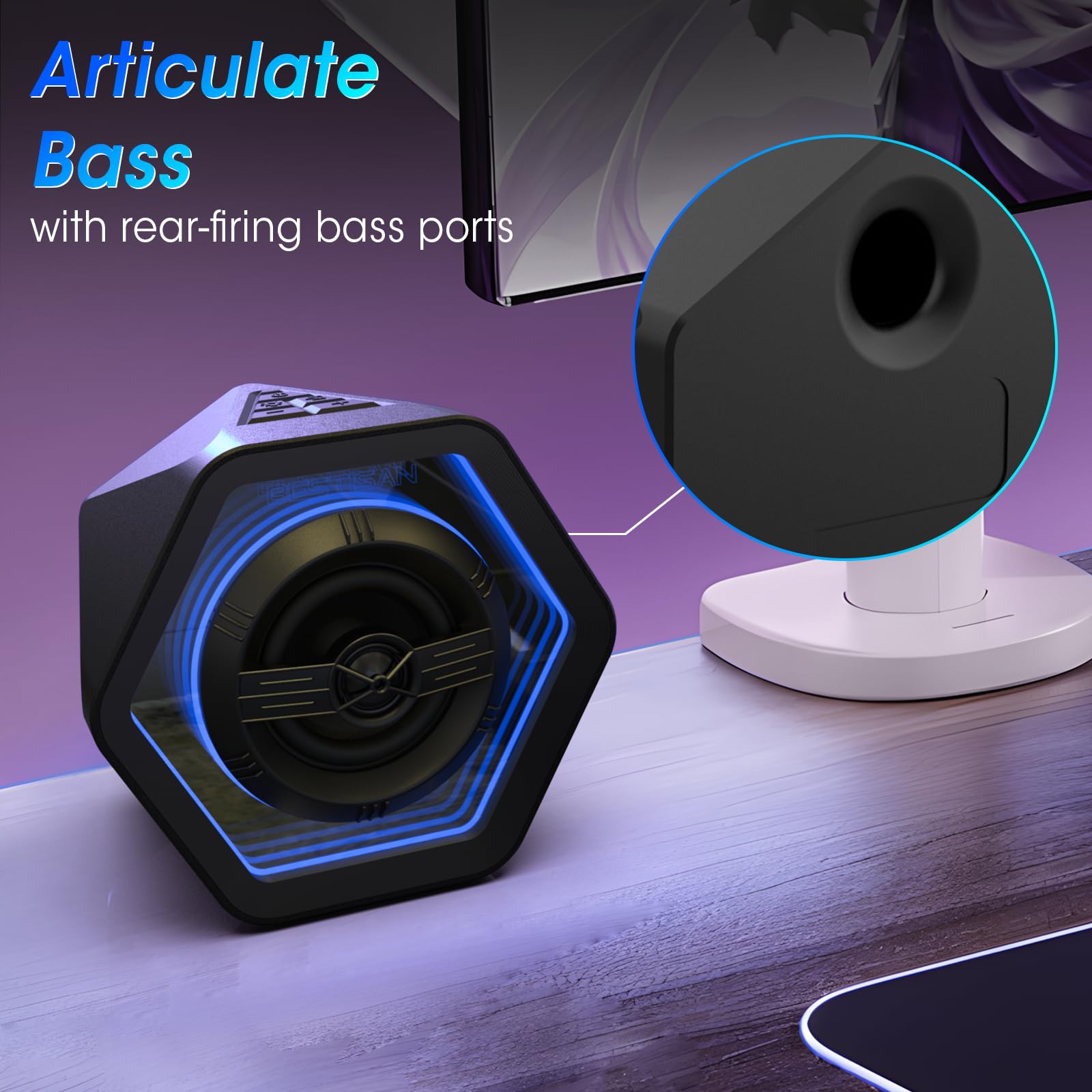 BESTISAN Altoparlanti da gioco per computer con retroilluminazione 8 RGB, design compatto, altoparlante alimentato a corrente continua con 3 modalità di equalizzazione, altoparlanti attivi da 50 Watt