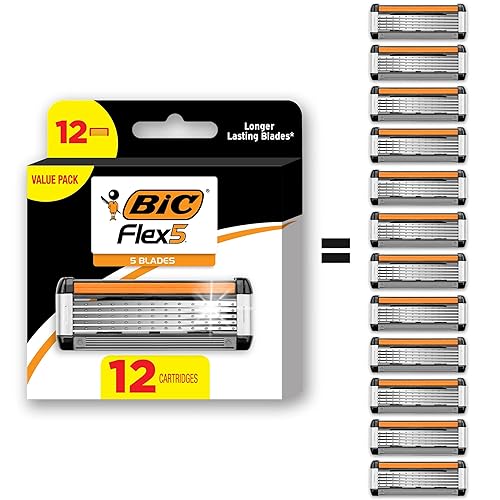BIC Flex 5 Recargable para hombre de 5 cuchillas Recambios de maquinilla de afeitar, cuchillas duraderas, borde de precisión, 12 cartuchos de