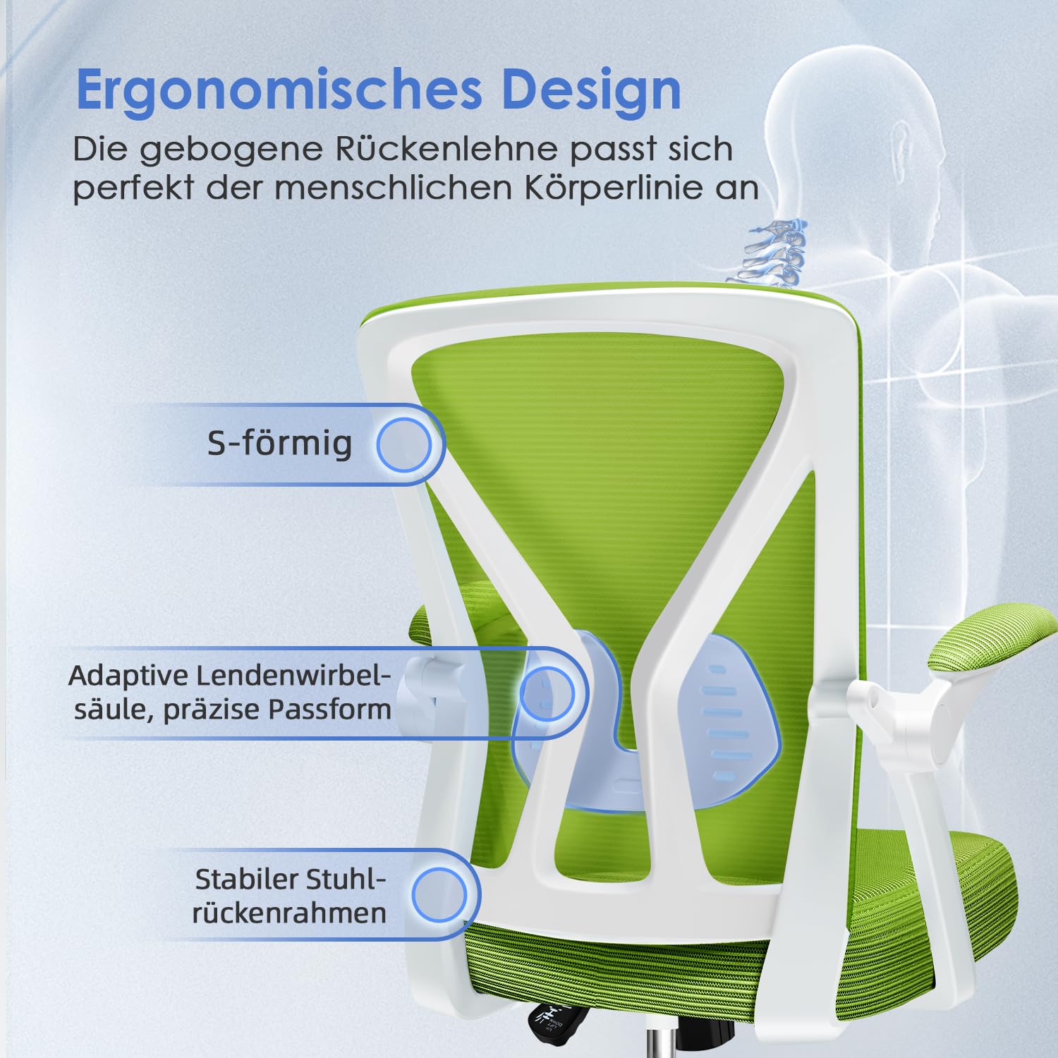 Hinonde Bürostuhl,Bürostuhl Ergonomisch,Höhenverstellbare Bürostühle,Drehstuhl mit Lendenwirbelstütze Rückenschonend,Schreibtischstuhl mit klappbare Armlehnen,Netzstuhl mit Wippfun,Grüner Bürostuhle